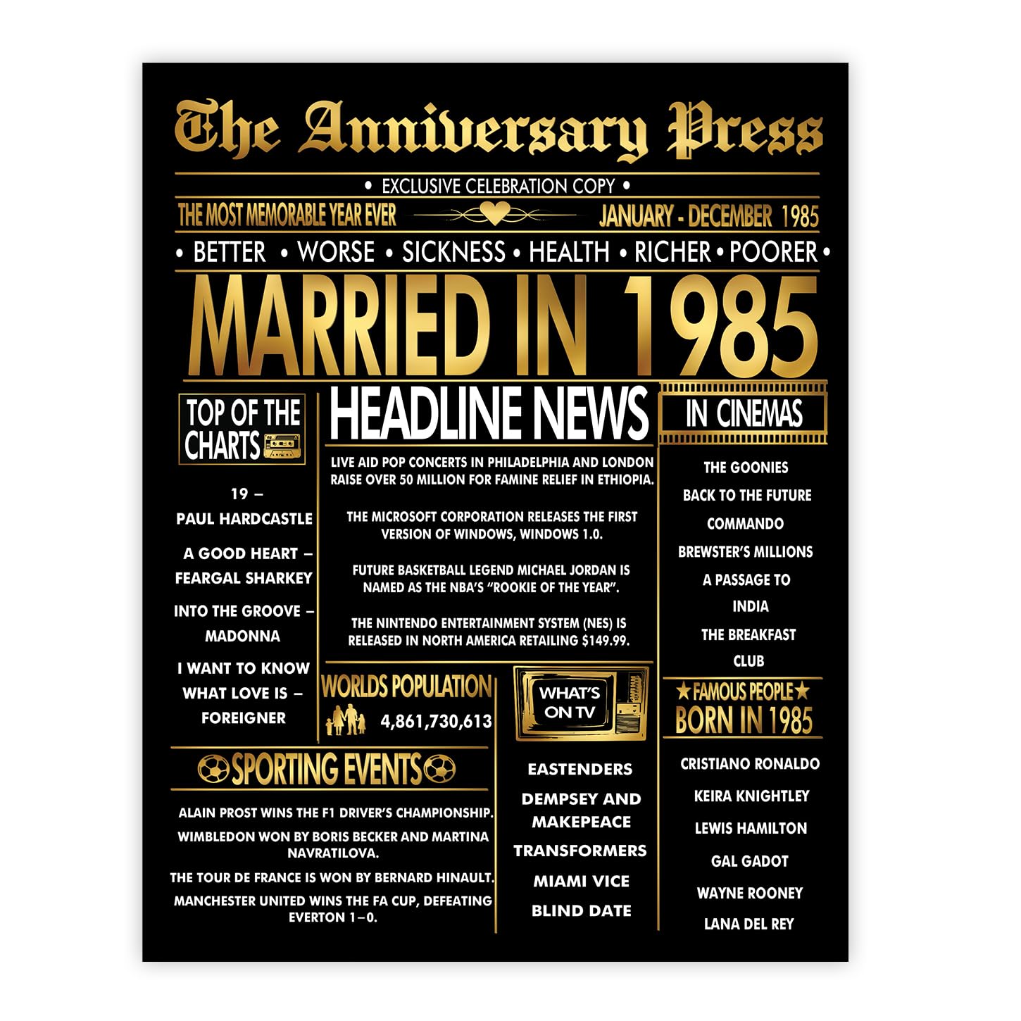 Stuff4 Gold 41st Anniversary Poster Unframed - Golden Married In 1985 Newspaper - 41 Wedding Anniversary for Men Women Vintage Gifts Back In 1985, 8x10 Inch Anniversaries Posters