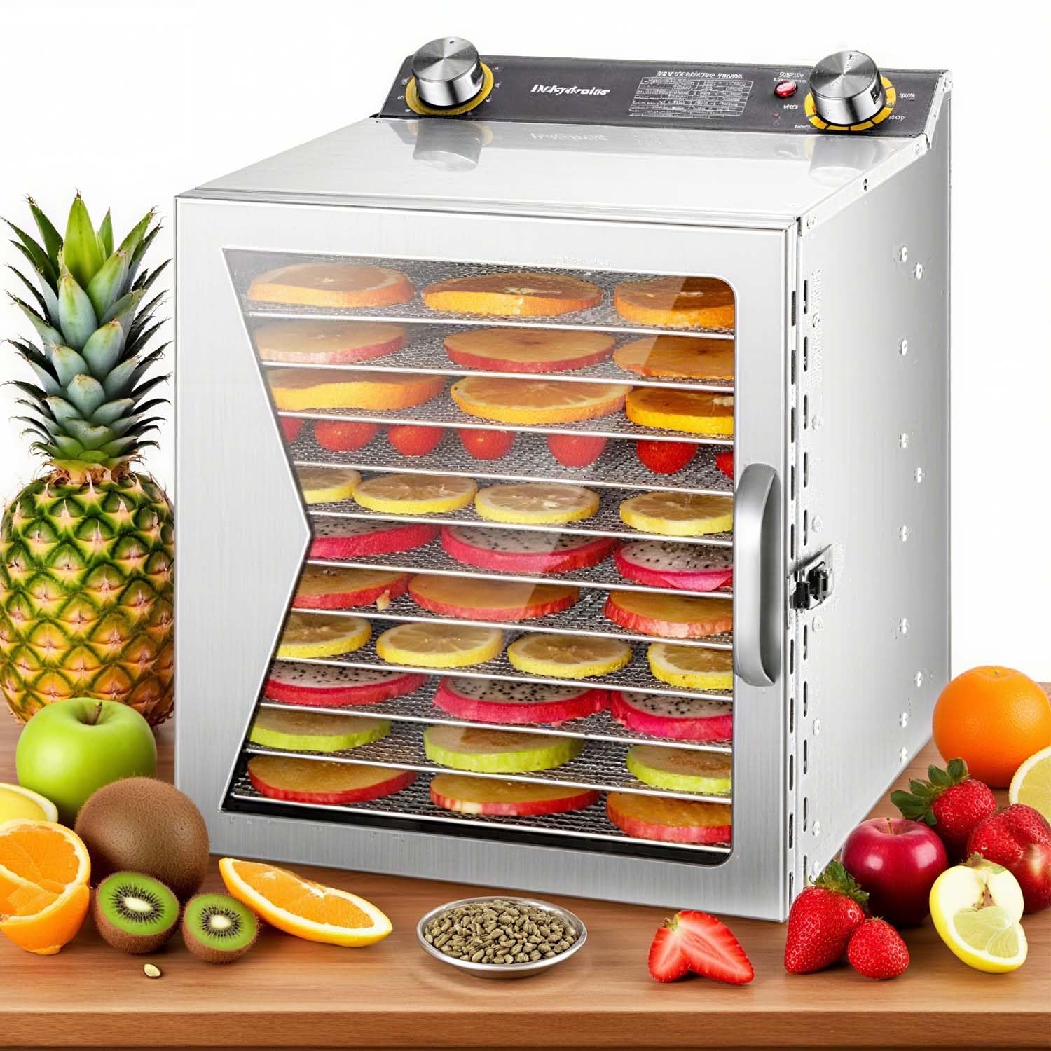 Essiccatore alimentare commerciale, essiccatore in acciaio inossidabile da 800 W, essiccazione efficiente e uniforme per carne secca, manzo, frutta, erbe aromatiche e snack, termostato e timer regol