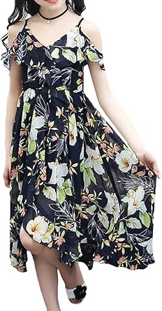 Little Big Girls Summer Floral Dresses Spaghetti Strap Cold Shoulder Boho Dress