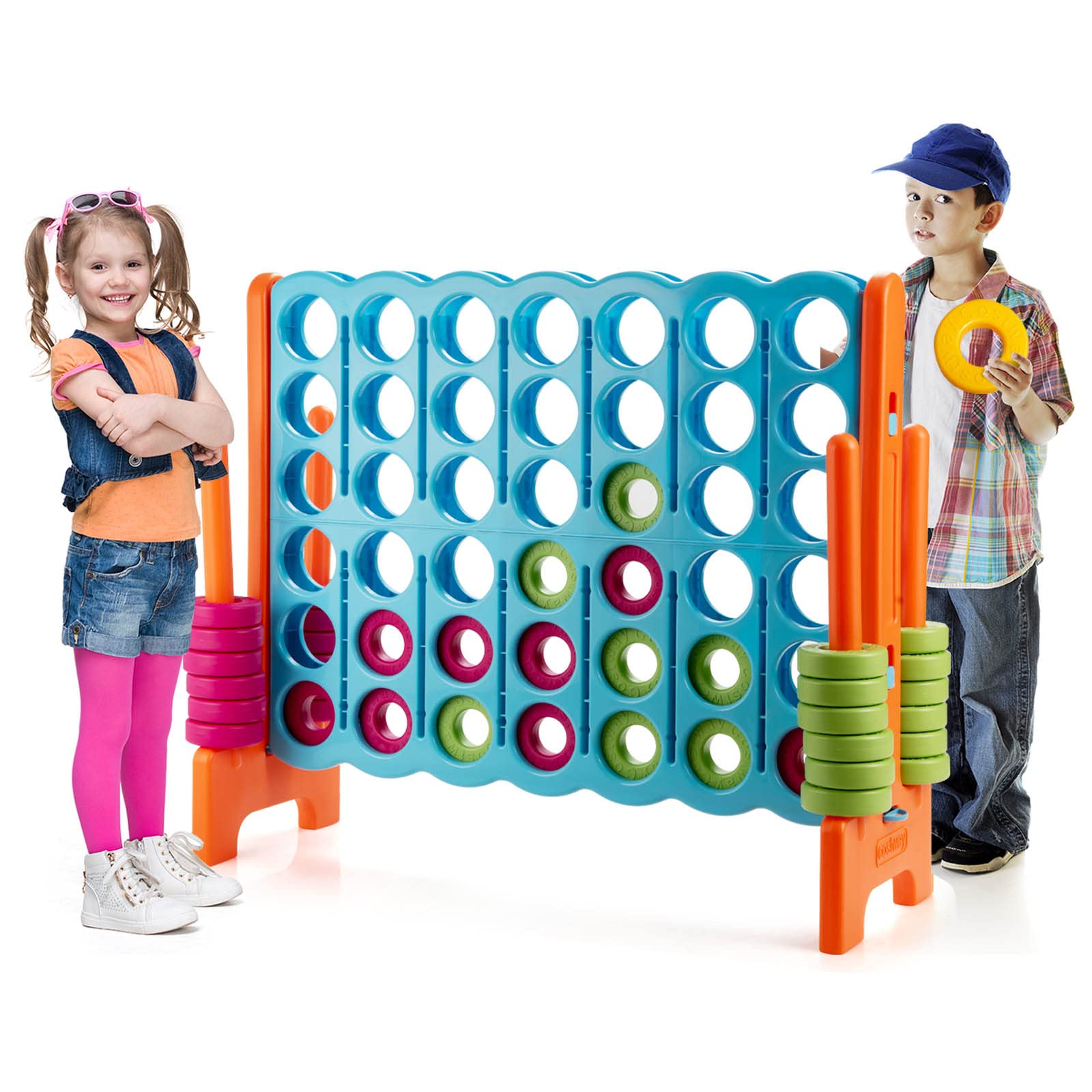 Jumbo 4-in-a-Row Game Set, Giant Game Set with Quick-Release Slider & 42 Jumbo Rings, Yard Games, 120 cm x 140 cm 4-to-Score Outdoor for Kids Adults, Baby Blue