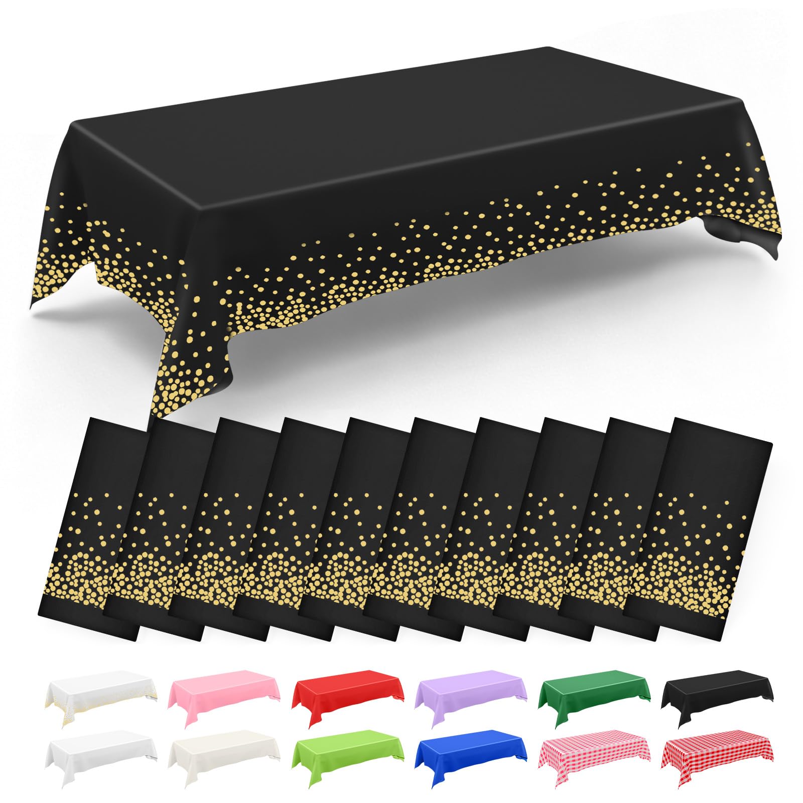 NACHLYNN 10 Pcs Disposable Plastic Tablecloths 137 x 274 cm Rectangle Table Covers Suitable for Indoor or Outdoor Birthday Wedding Dinner Party or Baby Shower Decorations(Black Gold Dot)