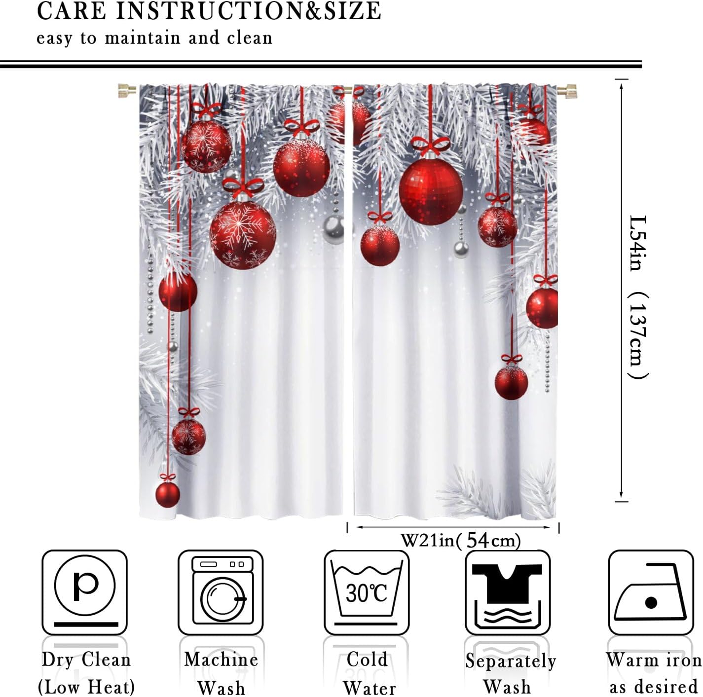 Vintage Classic Christmas Curtains, Snowy Pine Branch with Red Xmas Ball, Blackout Rod Pocket Window Treatments for Living Room Bedroom Kitchen 42x54 Inch