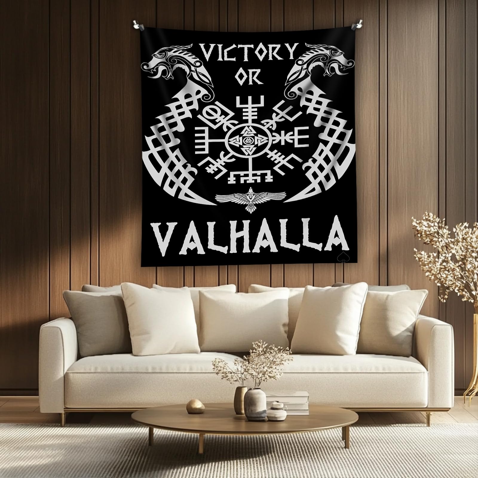 Arsey Viking Valhalla Tapestry Wall Hanging, Norse Mythology Design with Raven Dragon, Black and White, 230 x 180 cm โ image 1