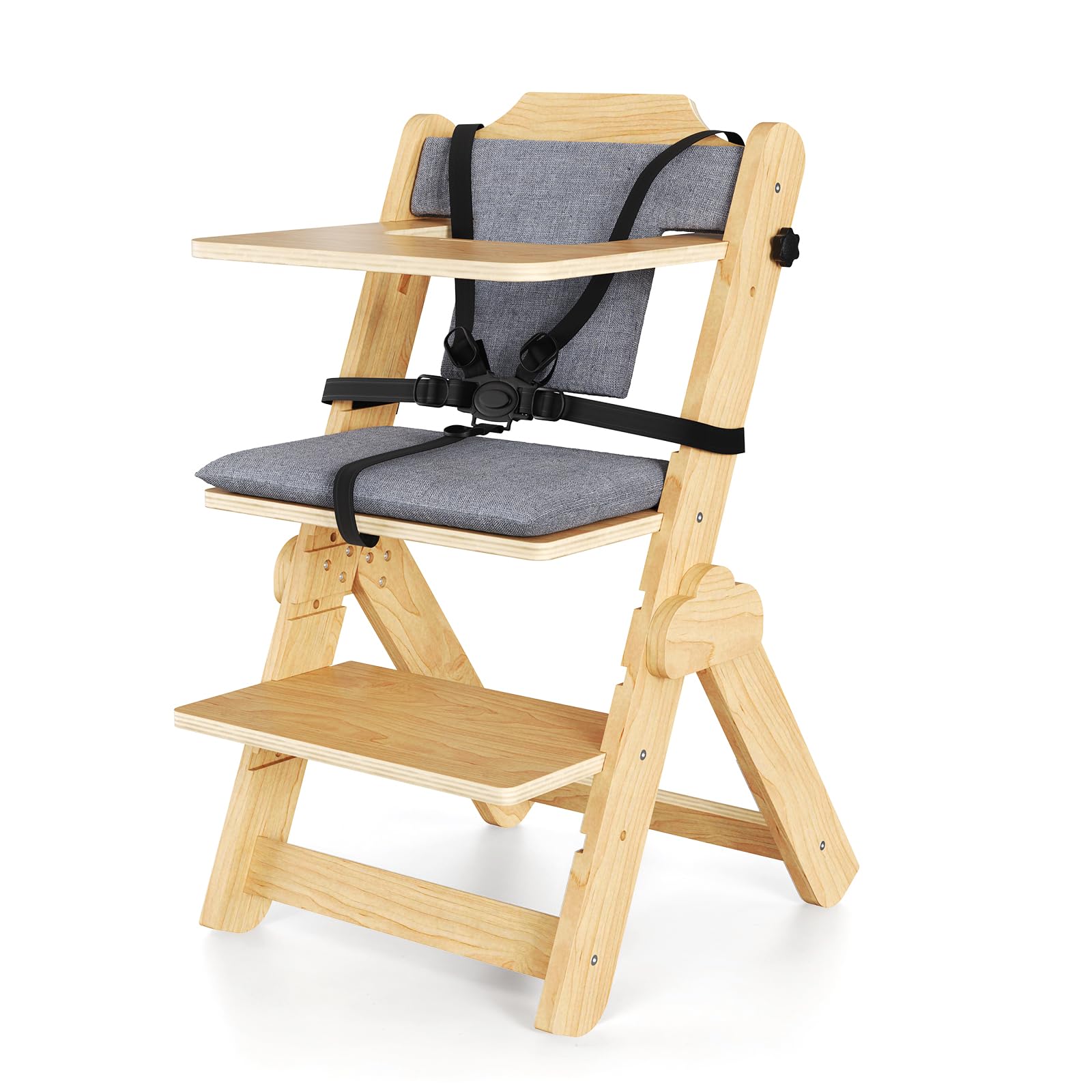 Chaise Haute Bébé Evolutive – Avec Coussin, Plateau Repas, Arceau de Sécurité, Harnais 5 Points et Sangle d’Entrejambe,en Bois Naturel, Chaise d'alimentation, Évolutive, Réglable