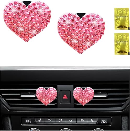 Suvnie 2 clips de ventilación para automóvil, difusor en forma de corazón brillante, clip de ventilación para ambientador de automóvil con diamantes