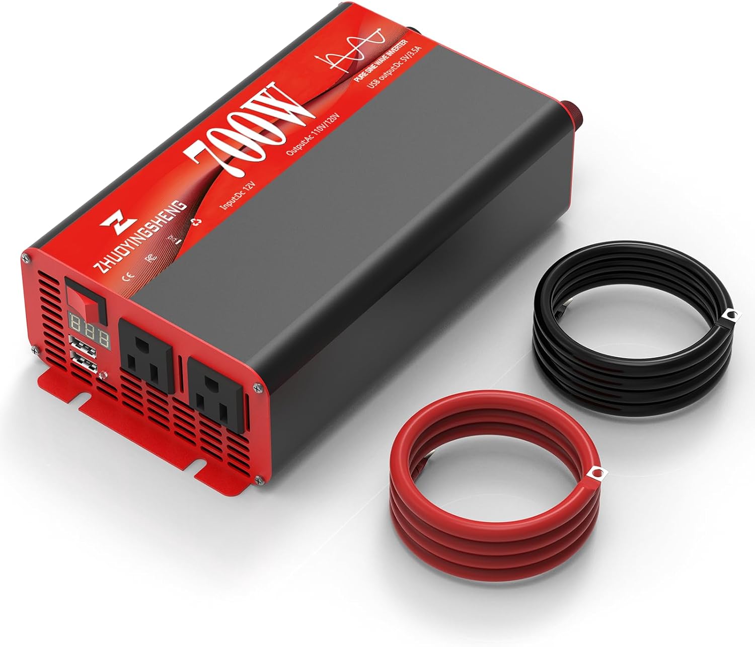 700W Pure Sine Wave Inverter 12V DC to 120V AC – 1400W Peak, Power Inverter with 2 AC Outlets + Dual 3.4A USB Ports, Display, Auto Recovery & 6 Protections for RV, Truck, Camping, Home Backup