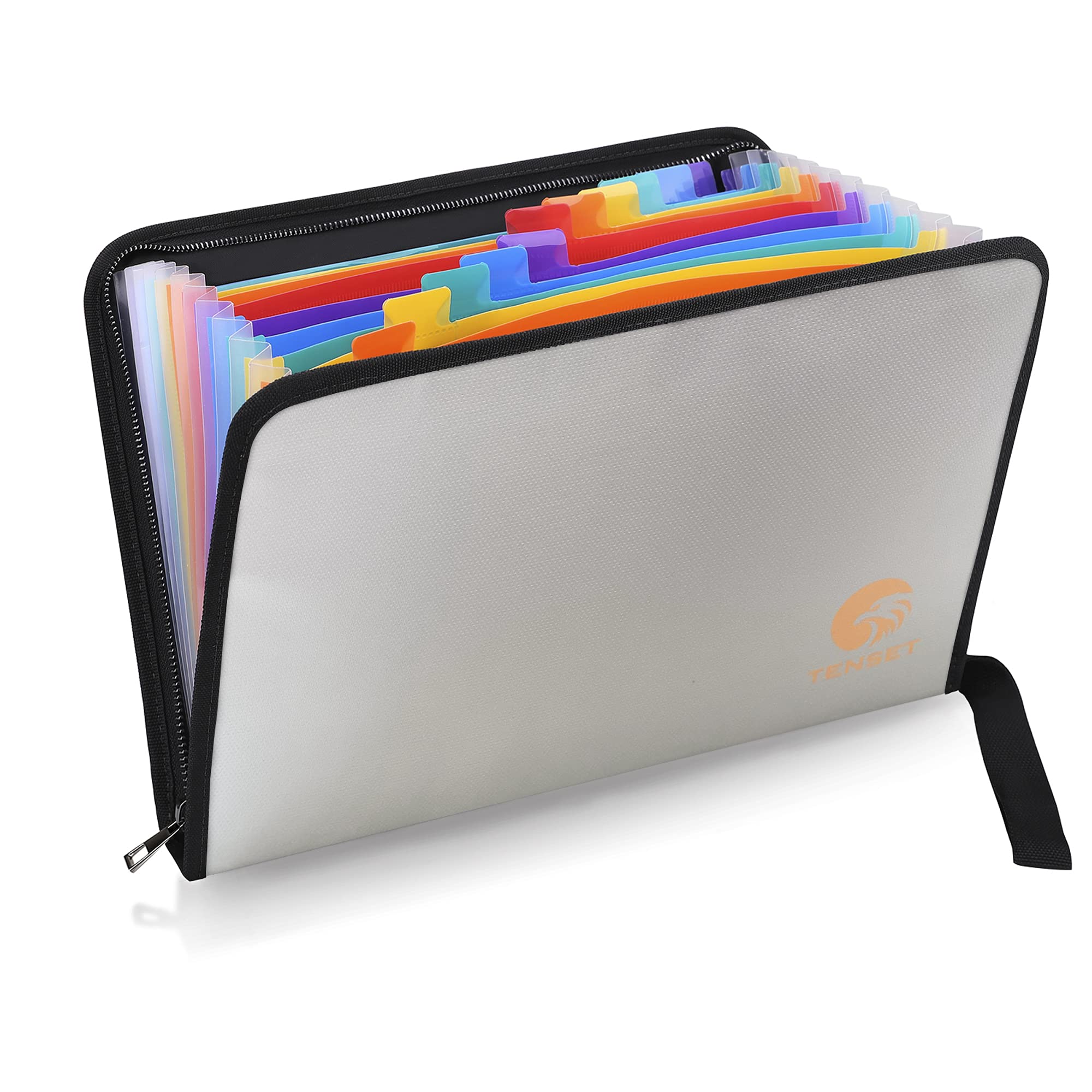 TENSET Fireproof Waterproof portable expanding file folder storage document bag organizer with 13 color labeled pockets and zipper closure for A4 letter size files (silver)