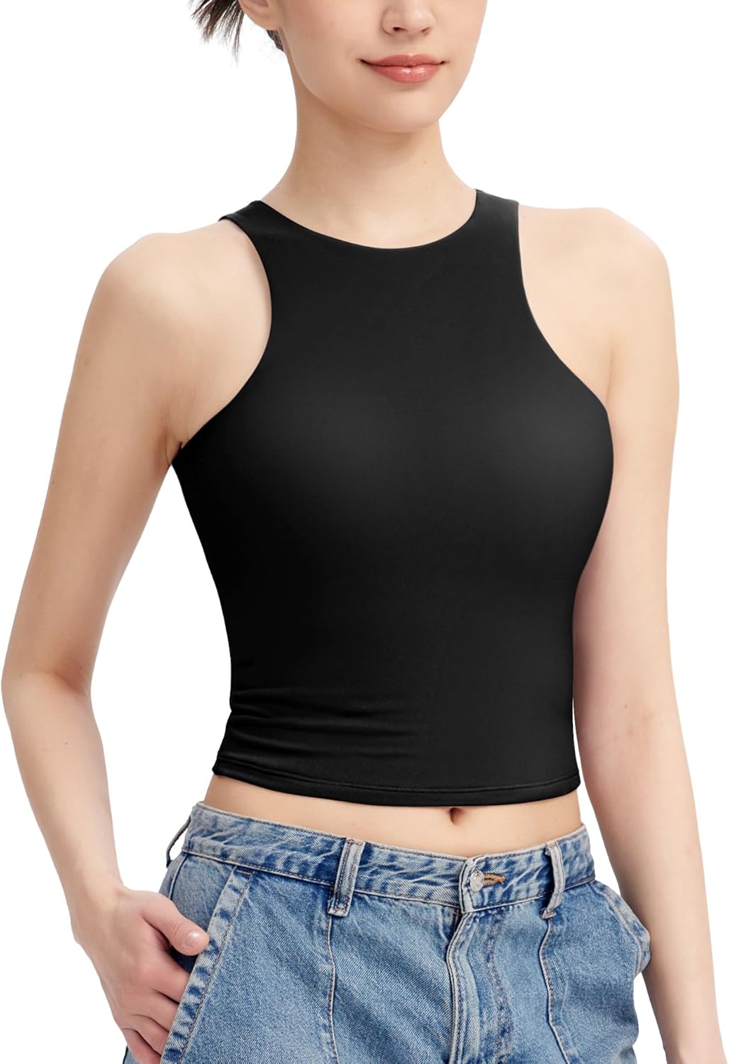 PUMIEY Women's High Neck Tank Top Sleeveless Summer Crop Tops for Women Smoke Cloud Pro Collection