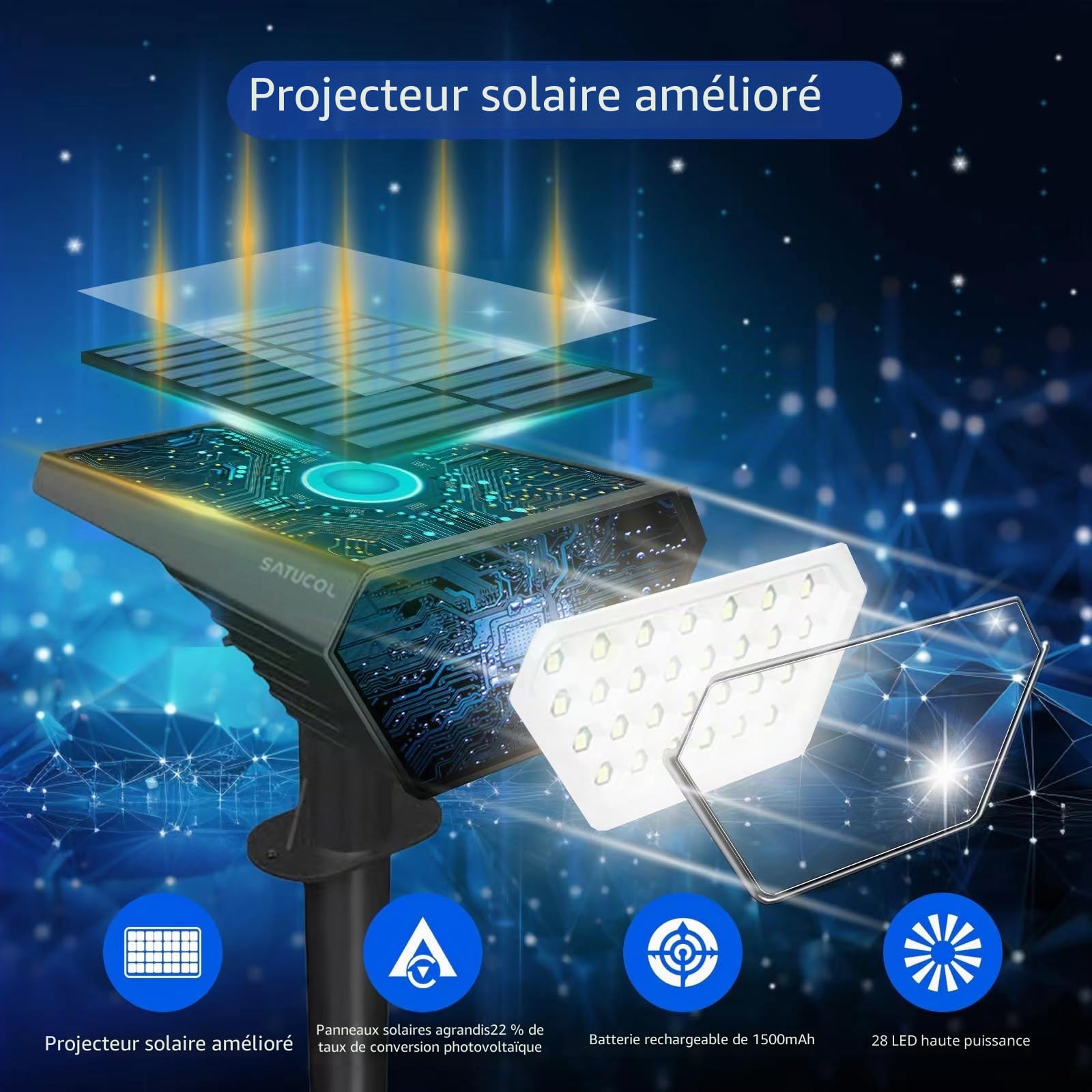 Lot de 6 spots solaires d'extérieur, allumage/extinction automatique, étanches IP65, éclairage extérieur 2 en 1 à énergie solaire, pour jardin, allée (blanc chaud)
