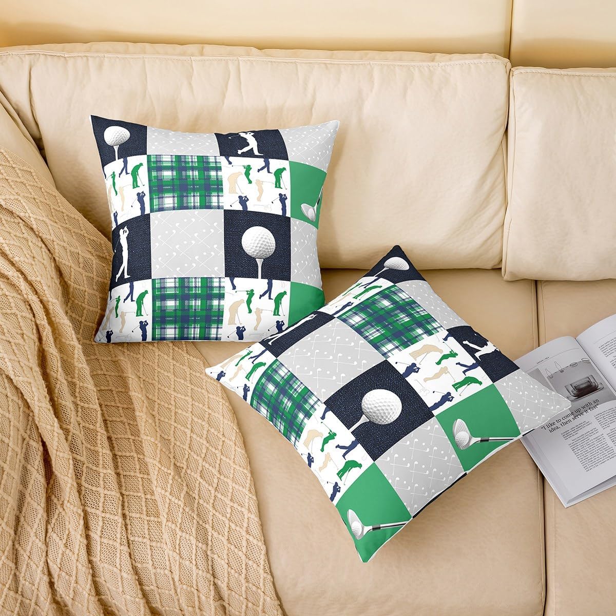 Homewish Golf Themed Throw Pillow Covers Watercolor Green Blue Gray Grid Stripes Cushion Covers for Kids Teens Adults Extreme Sports Game Style Cushion Cases for Bedroom Sofa Car 22x22 Inch Set of 2
