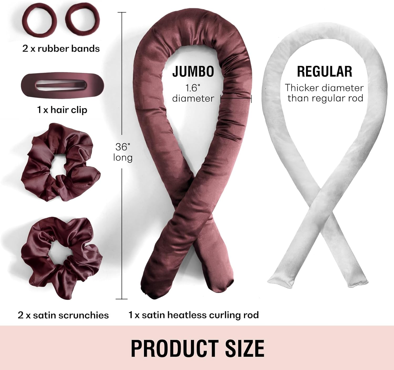 Jumbo Heatless Hair Curler Set-Satin Heatless Curls Overnight, Jumbo Curling Rod Headband, No Heat Curlers To Sleep in (Burgundy)