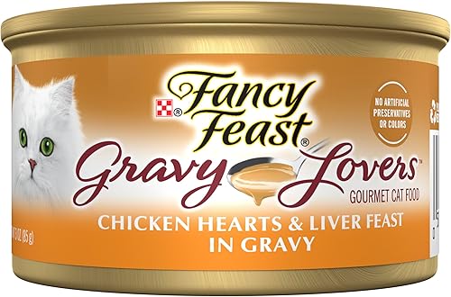 Purina Fancy Feast Gravy Lovers Alimento húmedo para gatos, corazones e hígados de pollo, 24 unidades de 3 onzas cada una -