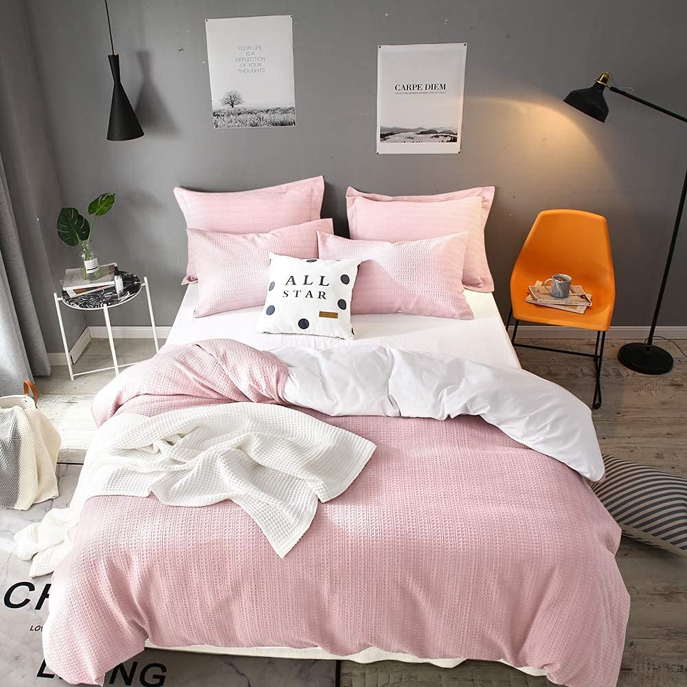 Lіmіtеd Dіѕсоunt Lausonhouse Cotton Duvet Cover Set King- 100% Cotton Waffle Weave Pink Duvet Cover Set King Size, Soft and Breathable King Duvet Cover Set for All Season ( King ,104x90'')