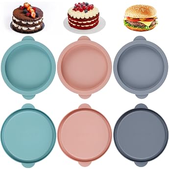 Pack of 6 Silicone Moulds Eggs Hot Air Fryer 10 cm Airfryer Silicone Mould Egg Mould Powder/Grey/Blue Silicone Muffin Moulds Airfryer Silicone Baking Mould Round for Egg Sandwiches Muffins and Pancakes