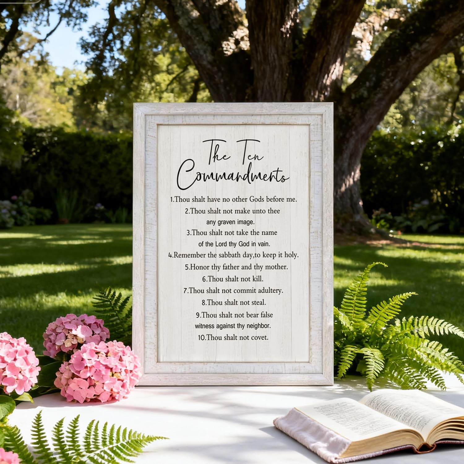 The Ten Commandments Rustic Bible Verse Framed Wall Art, 16''×23'', Vintage Positive Religious Christian Saying Sign, Horizontal Inspirational Catholic Scripture Decor for God Jesus Christ Prayer