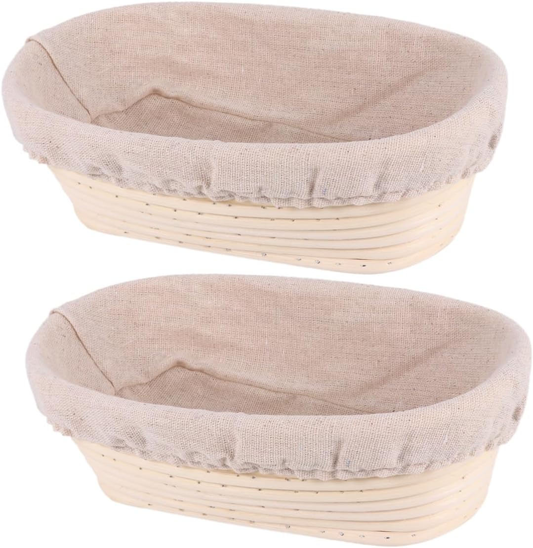 天然ラタン製プルーフィングバスケット 25&times;15&times;8cm 楕円形2セット 滑らかな表面のサワードウ発酵バスケット 布ライナー付き ホ