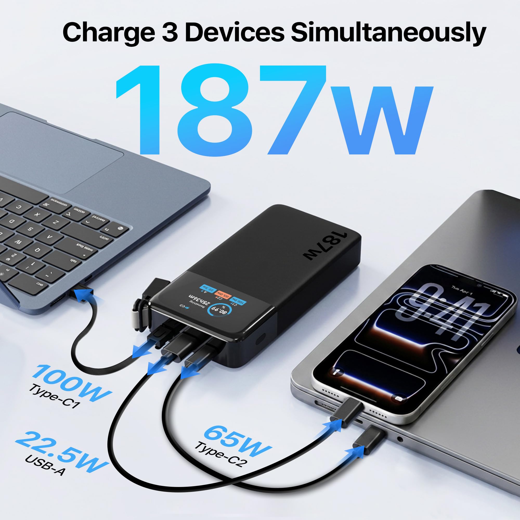 JUOVI Batería Externa Carga Rápida, 187W 25000mAh Power Bank para Laptop | 3 Puertos 187W Máx, 100W Batería Portátil con Pantalla TFT y USB-C Cable, Cargador Portátil para Ordenador Portátil iPhone