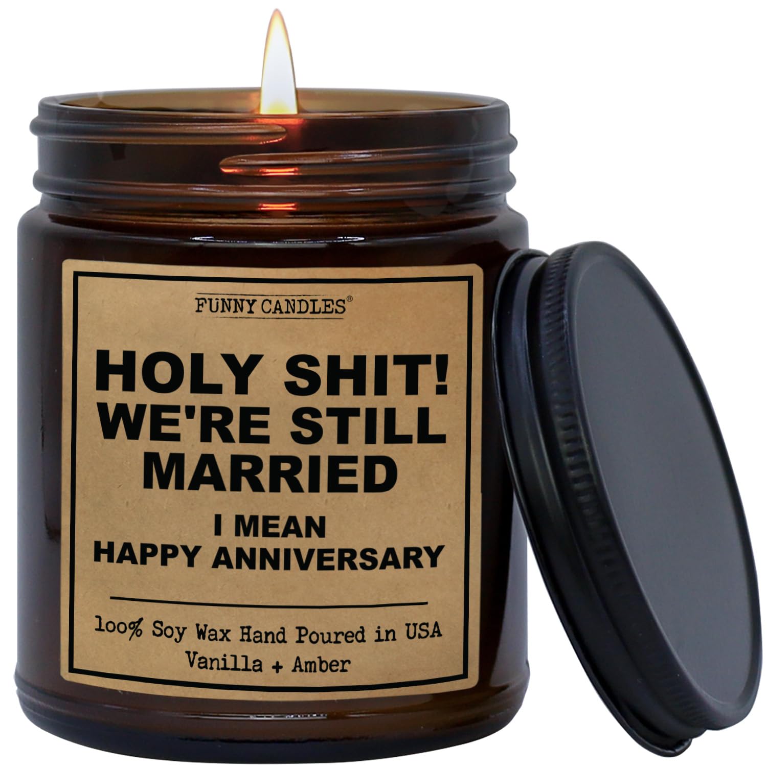 Holy ! We're Still Married - Vela de regalo de aniversario | Vela perfumada de vainilla, ámbar, sándalo para el hogar, tarro ámbar de 9 onzas, tiempo de combustión de 40 horas, fabricado