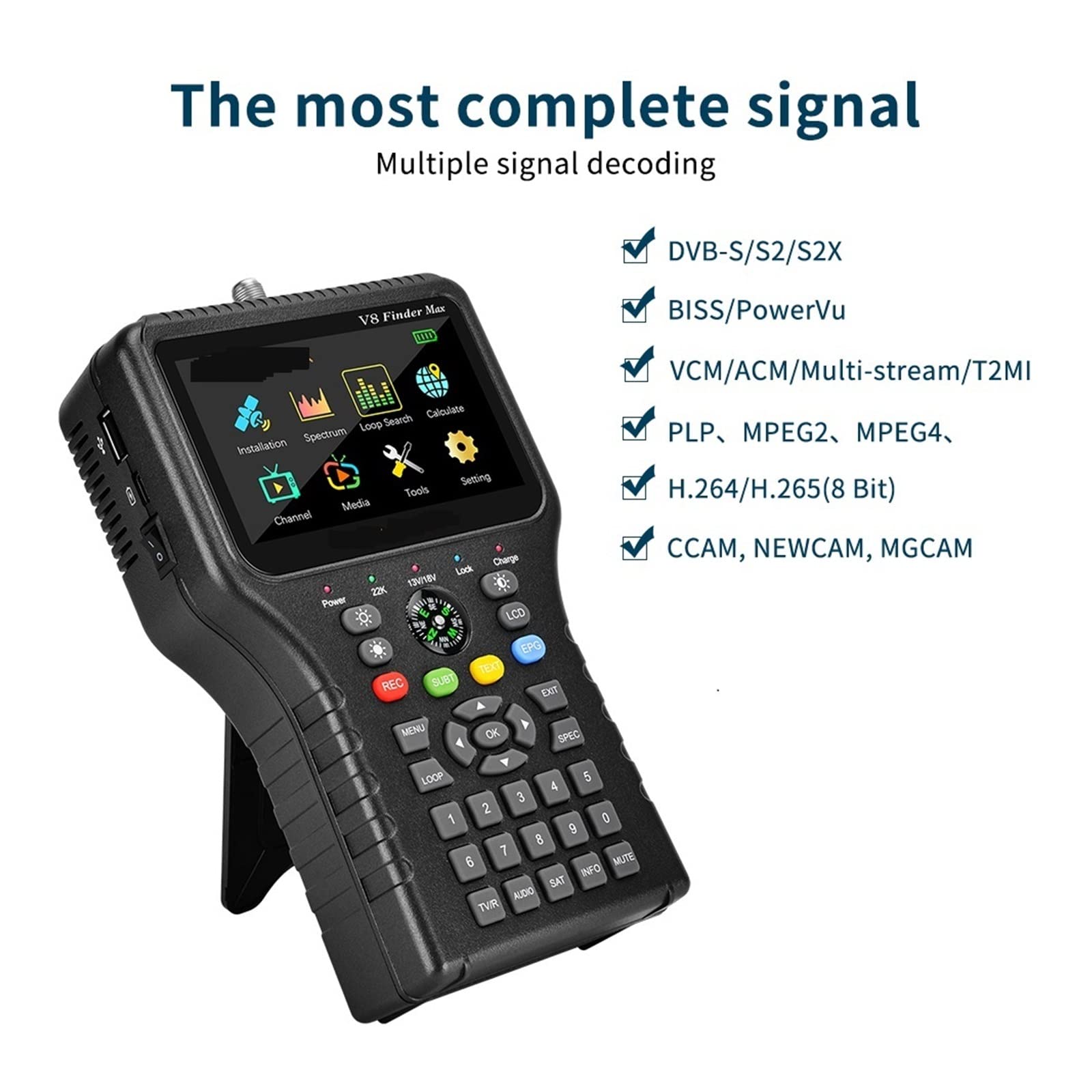 Recherche de Signal Satellite numérique, V8 Finder Max Détecteur de Signal Satellite DVB-S/S2/S2X H.264/H.265 (8 Bits) Localisateur de Satellite 4,3 Pouces HD Récepteur de signaux