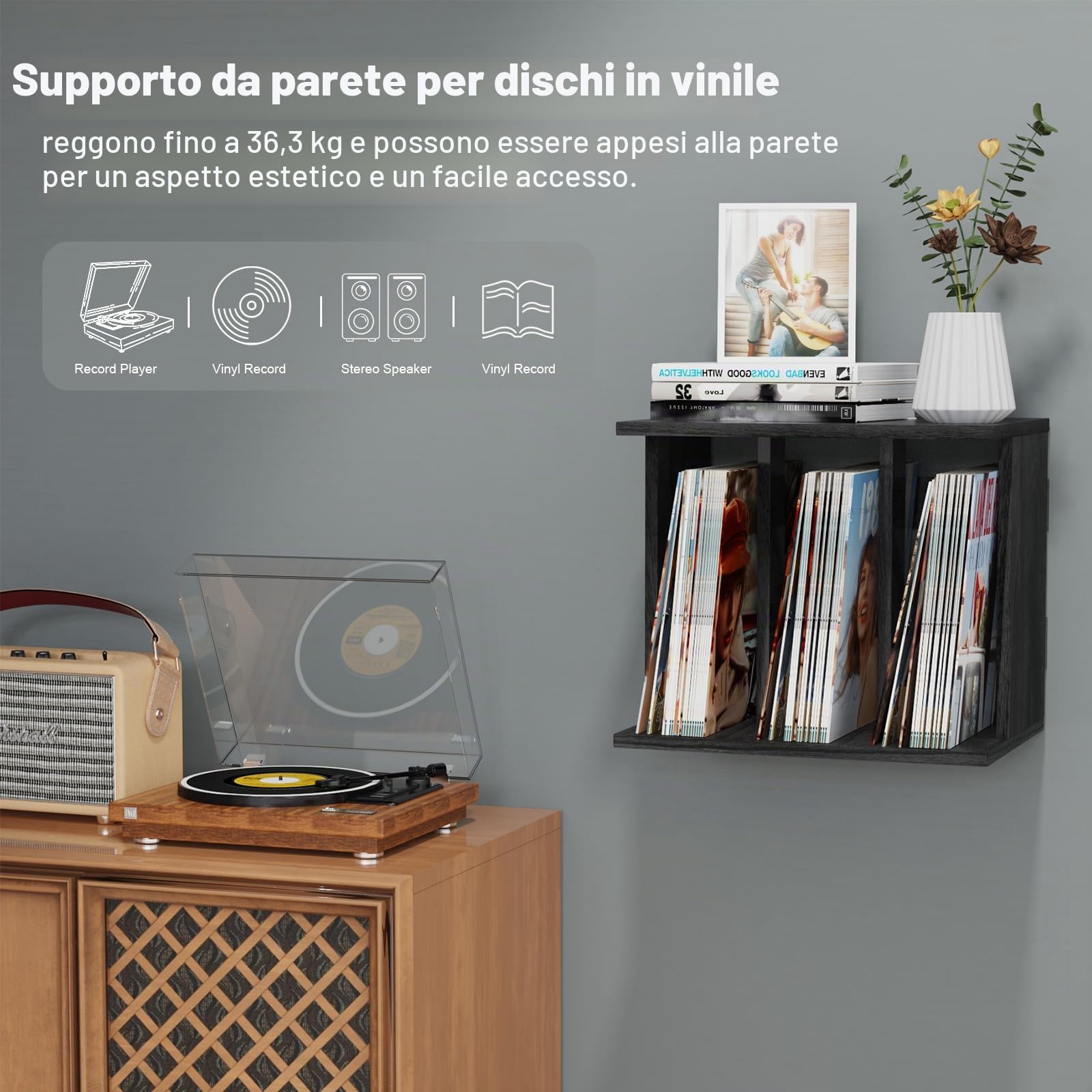Supporto in legno, con scatola vinile, montaggio a parete, stile vintage, mobile 3 scomparti, giradischi vinile stand fino a 100 album, per soggiorno, ufficio