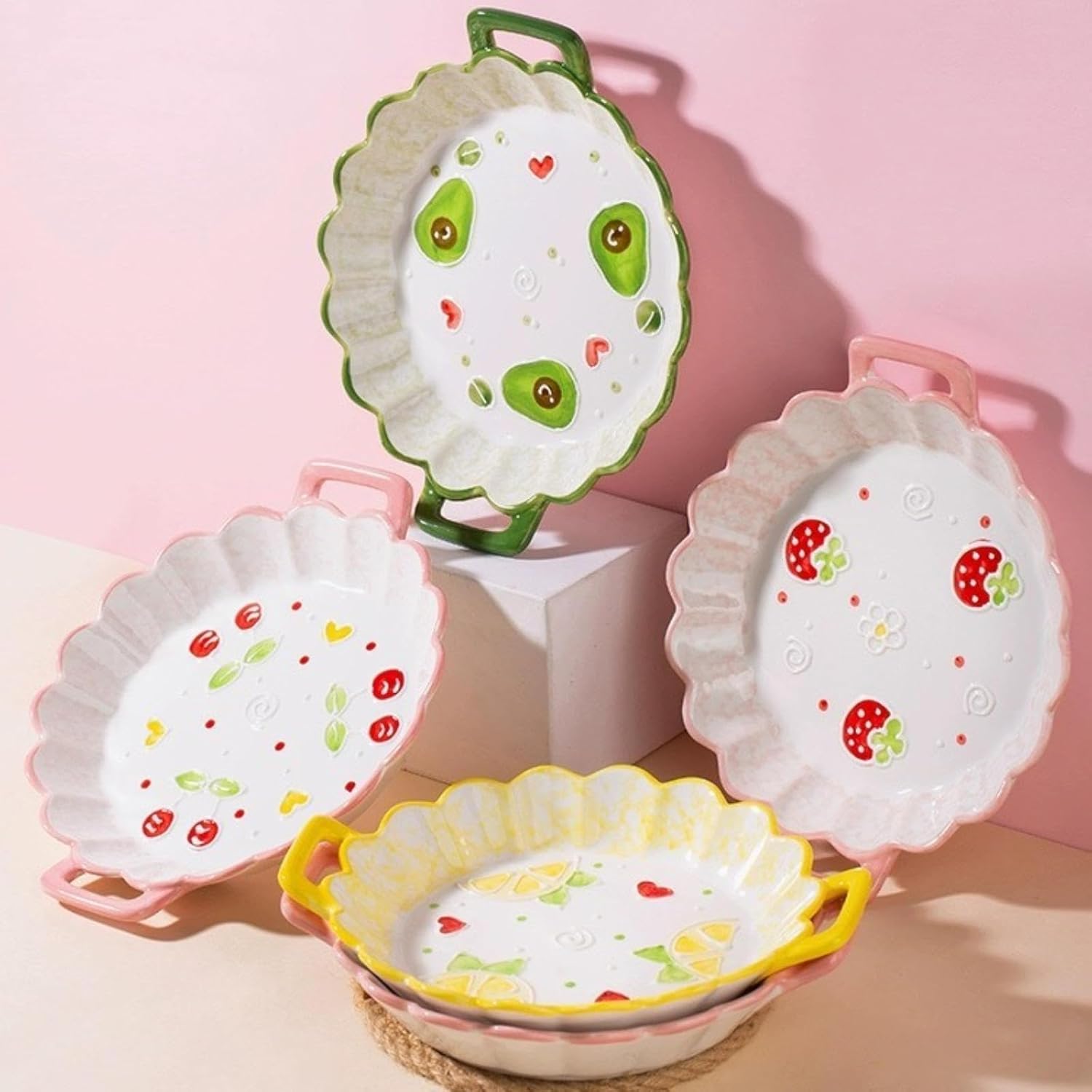 Dessert Plates Ceramic,8.5 Inch Dining Plates,Porcelain Salad Plate with Handle,Ceramic Fruit Pattern Dinner Plate Set of 4,for Appetizer,Steak,Fruit,Microwave Oven Dishwasher Safe