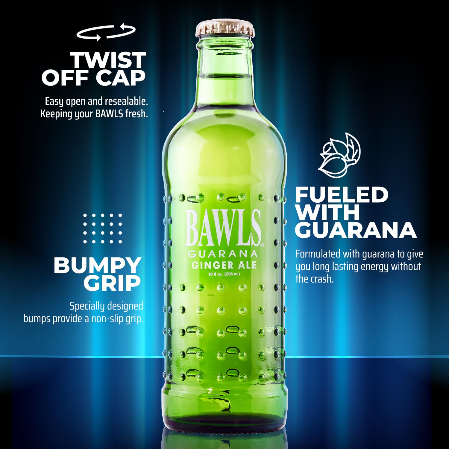 BAWLS Guarana Ginger Ale, BAWLS Guarana Drink, Guarana Soda, Guarana Fueled Soda for Energy, High Energy Caffeinated Drink, 10oz 24 Pack Glass Bottles