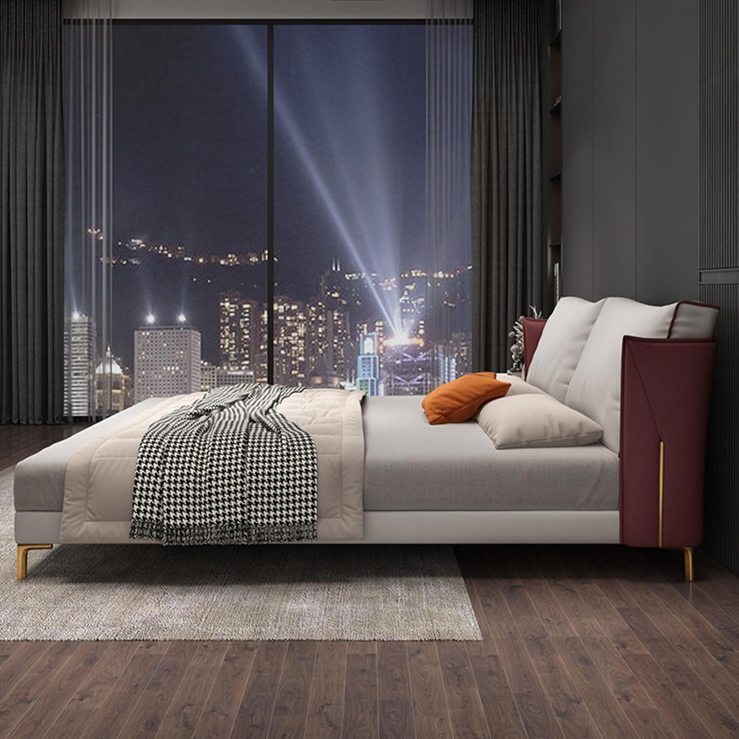 Modern Leather Queen Size Platform Bed Ergonomic Upholstered Headboard with Heavy Duty Wooden Slat Support Noise-Free