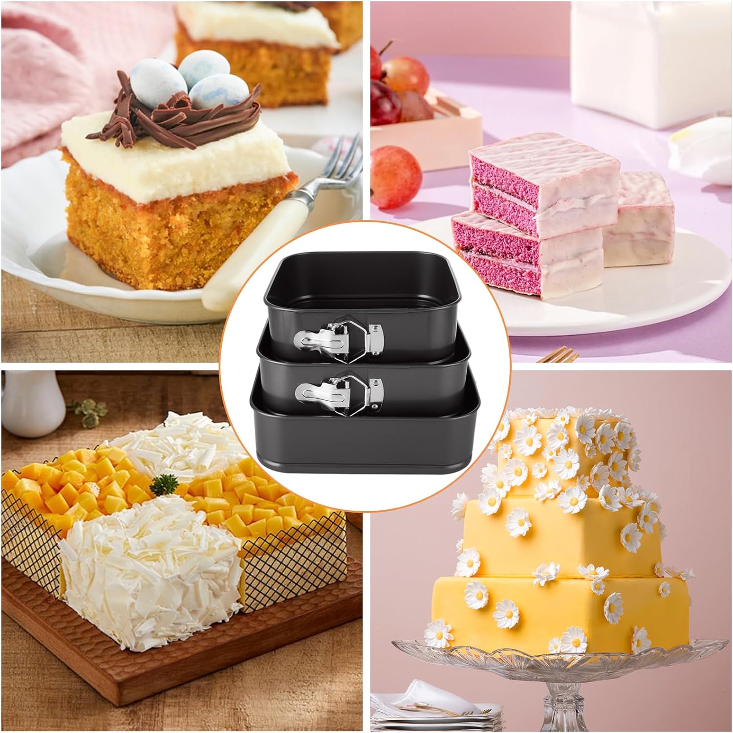 3PCS Square Springform Pan with Removable Bottom 8 inch/9 inch/10 inch Springform Cake Pan Non-stick Square Bakeware for Cake, Cheesecakes, Pizza, and Quiches - Image 7