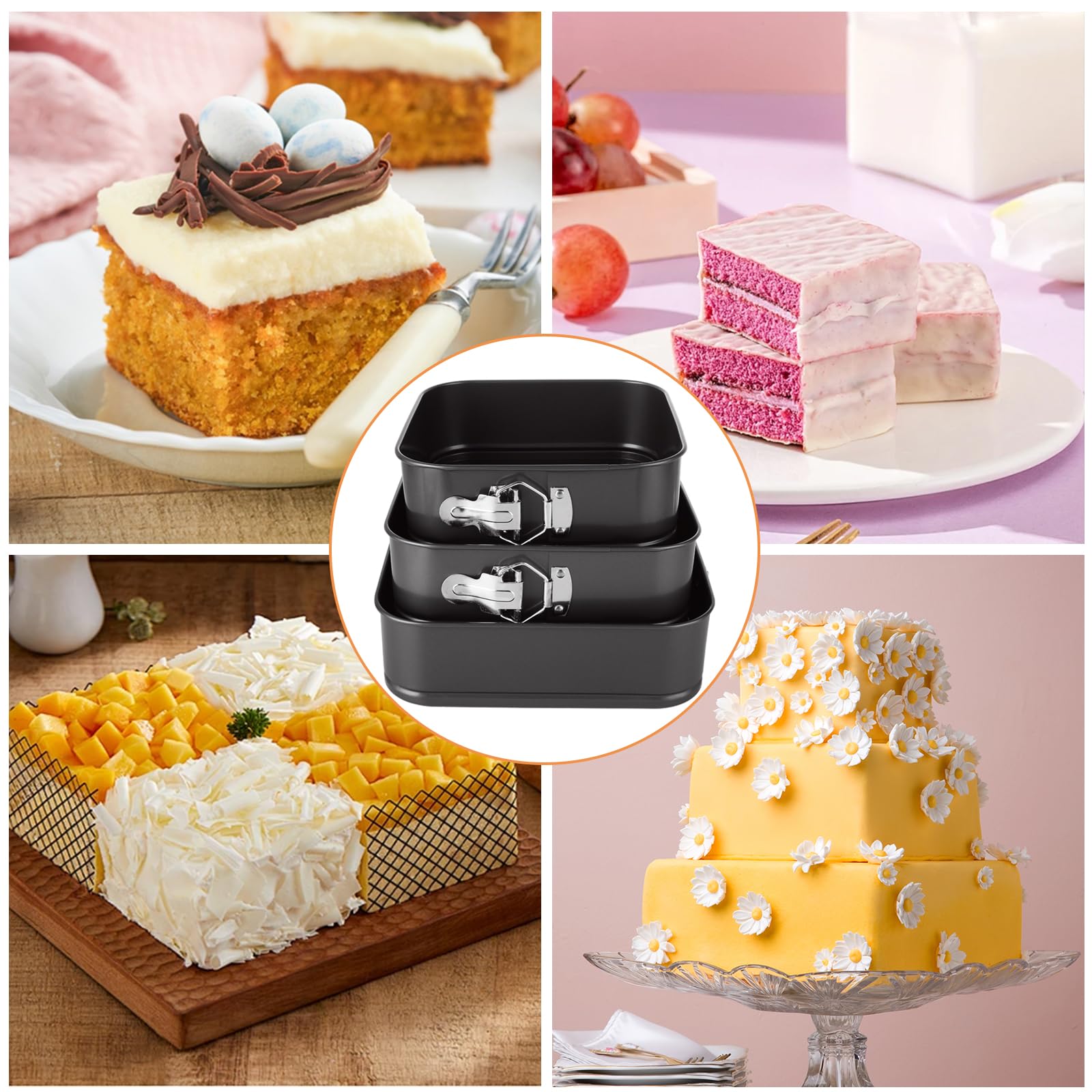 Lot de 3 moules à charnière carrés avec fond amovible 20,3 cm/22,9 cm/25,4 cm Moule à gâteau carré anti-adhésif pour gâteaux, cheesecakes, pizzas et quiches