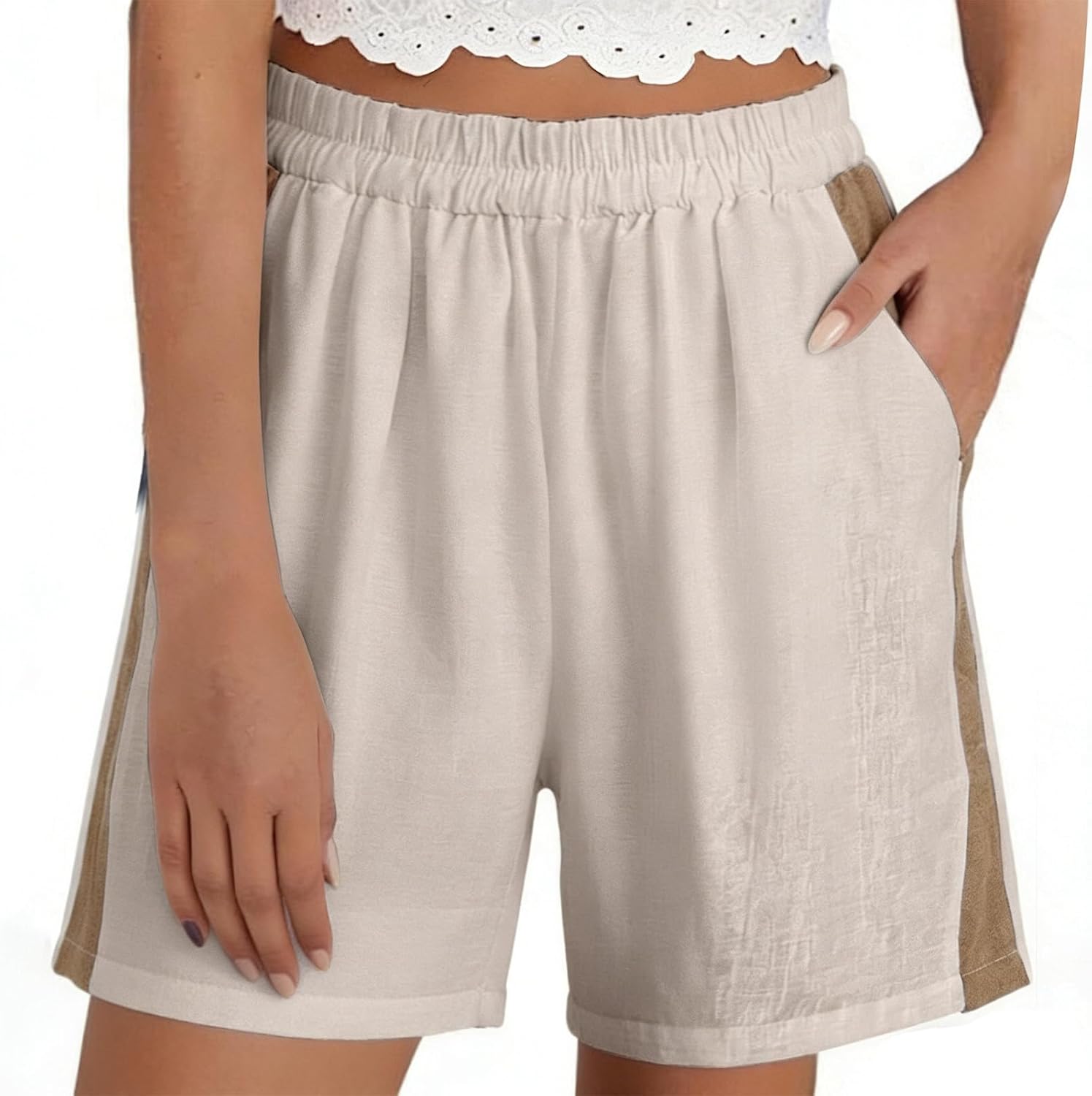 Cotton Linen Shorts for Women, Casual Elastic High Waisted, Color Block Comfy Lightweight, Summer Beach Shorts