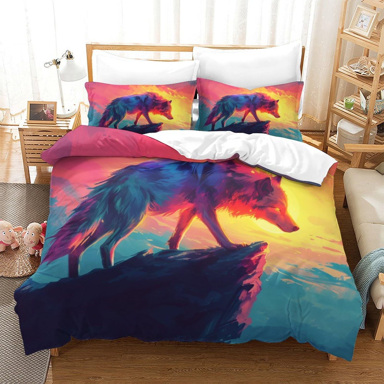 Parure de lit loup 260x220 cm avec housse de couette super king en microfibre et taies d'oreiller