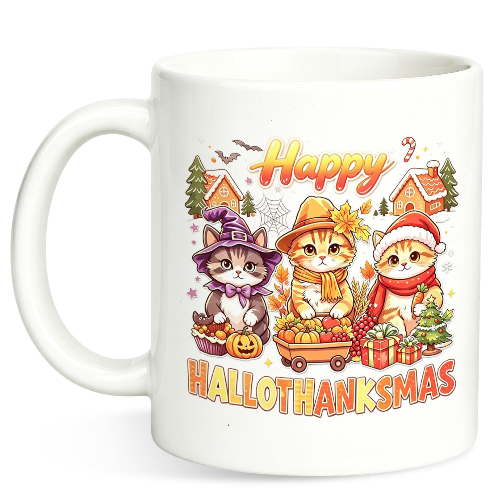 Happy Hallothanksmas Cute Cats Coffee Mug,11oz Fall Autumn Cup