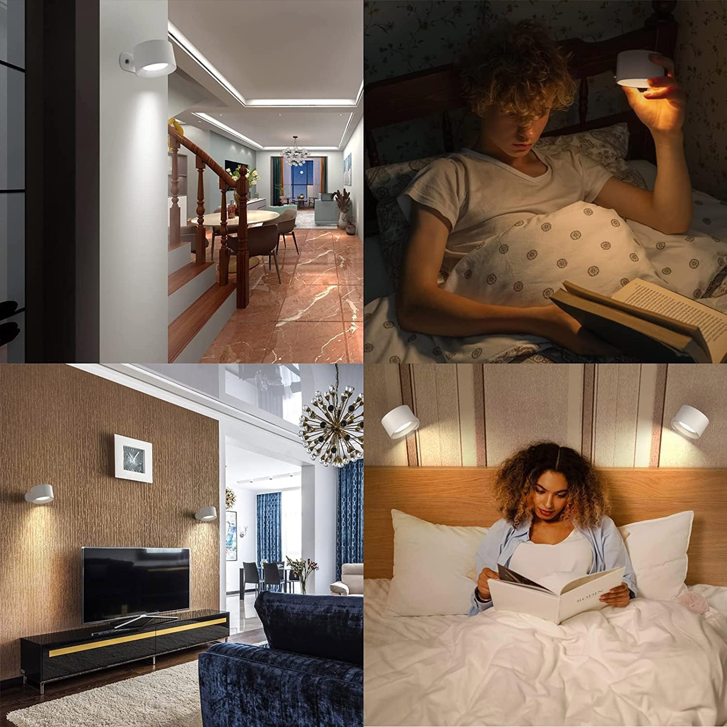 Feallive LED Wandleuchte Innen, Wandlampe mit Akku 1 Stück,Touch Control 3 Helligkeitsstufen, 360° drehbare, für Wohnzimmer Schlafzimmer TreppenhausFlur kabellose wandleuchten Weiß