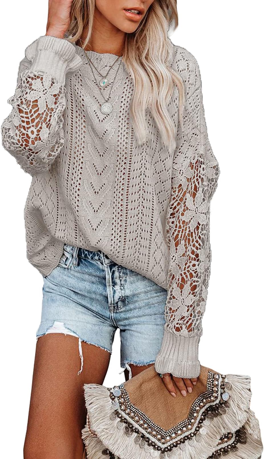 DokotooWomens Crewneck Crochet Lace Long Sleeve Hollow Out Cable Knit Sweaters Pullover Tops