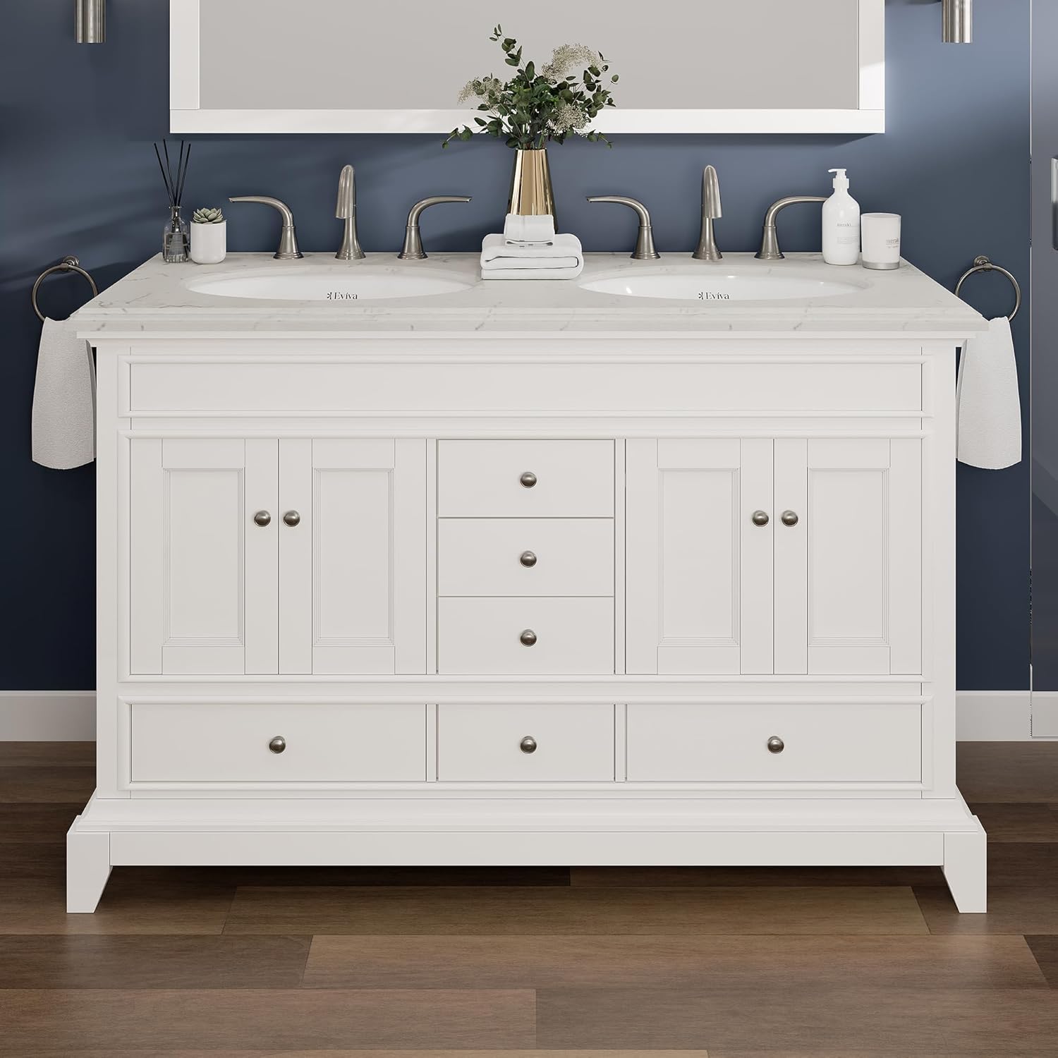 Eviva Elite Stamford 48 in. White Double Sink Bath Vanity with Carrara Quartz Top
