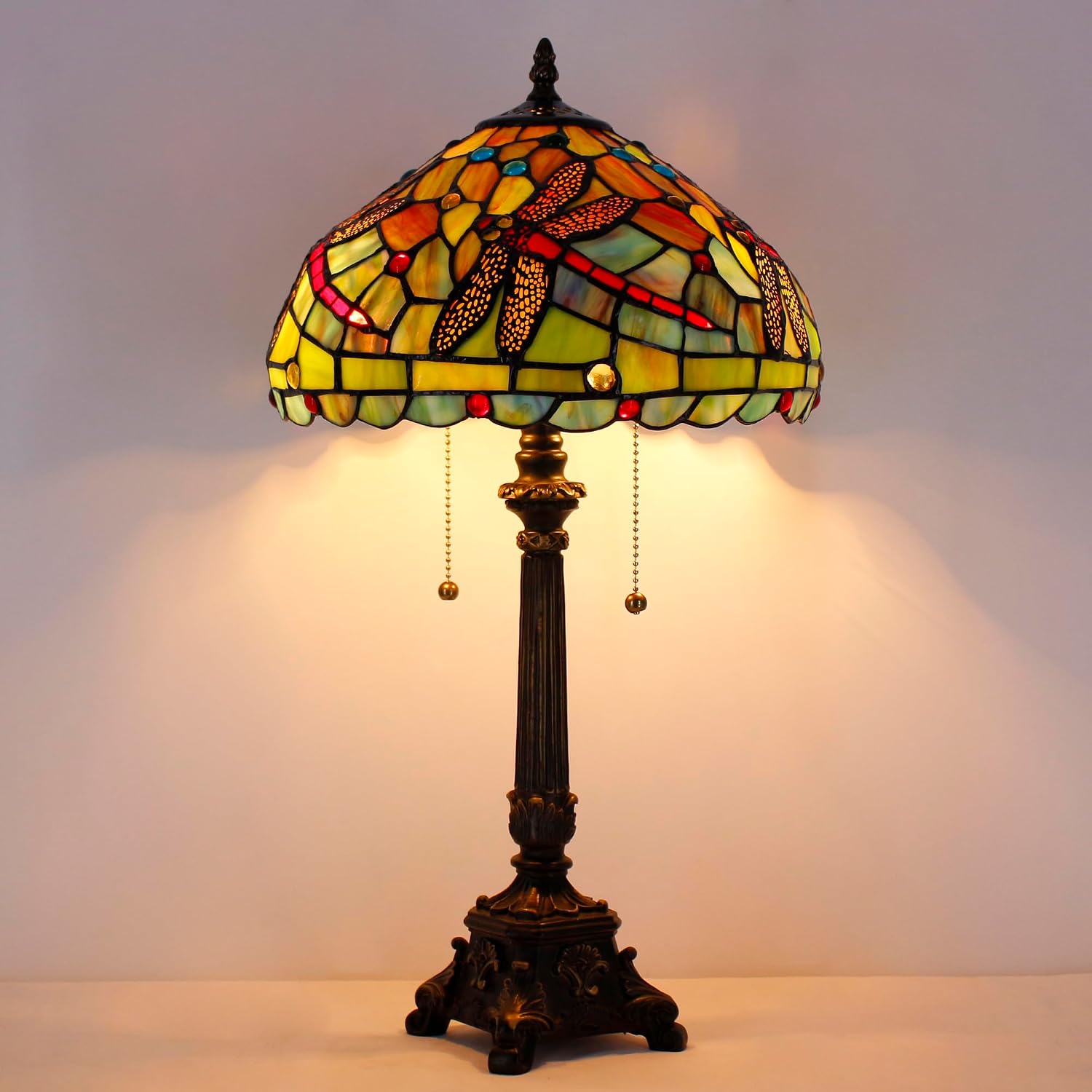Tiffany Table Lamp Green Red Stained Glass Desk Lamp 12X12X21 Inches Dragonfly Style Reading Light