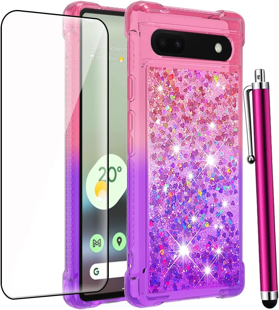 CAIYUNL for Pixel 6a Case, Google Pixel 6a Case with Tempered Glass Screen Protector, Women Girls Glitter Bling Sparkle Liquid Floating Cute Shockproof TPU Phone Cover for Google Pixel 6a-Purple Pink