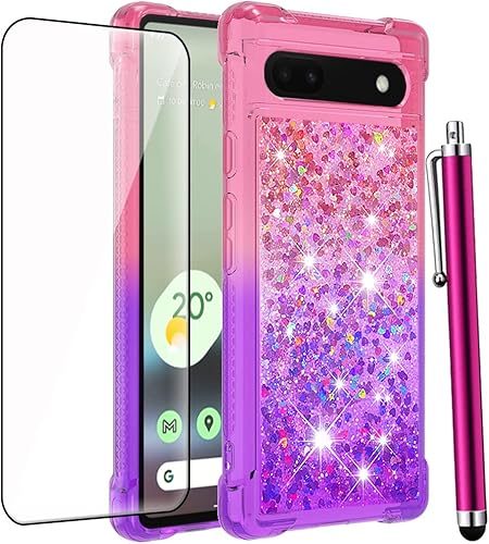 Miniatura 1 de Funda para Pixel 6a, funda para Google Pixel 6a con protector de pantalla de vidrio templado, para mujeres y niñas con purpurina líquida flotante