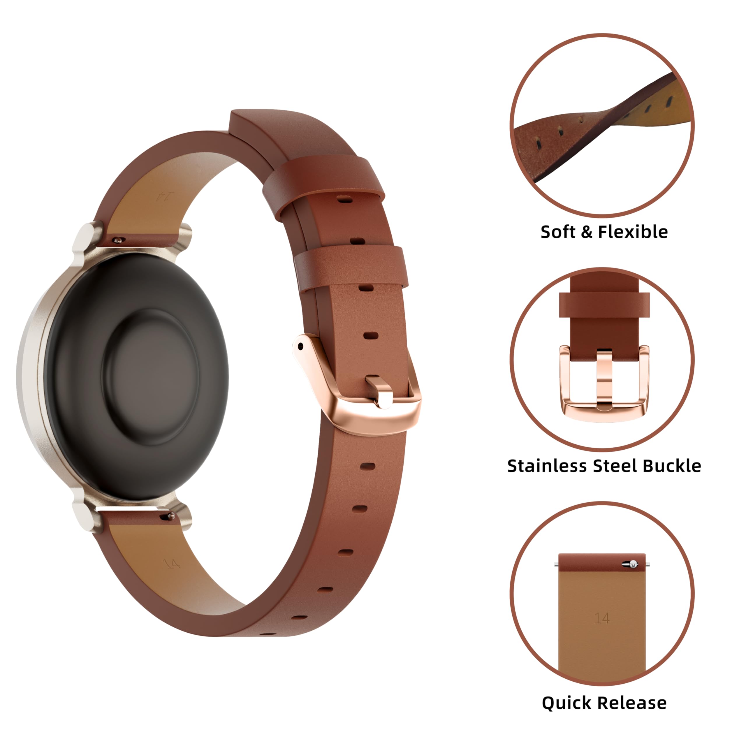 Bracelet de montre compatible avec Garmin Lily 2, 14 mm en cuir avec boucle en métal argenté, bracelet de rechange réglable pour montre intelligente active pour femme habillée