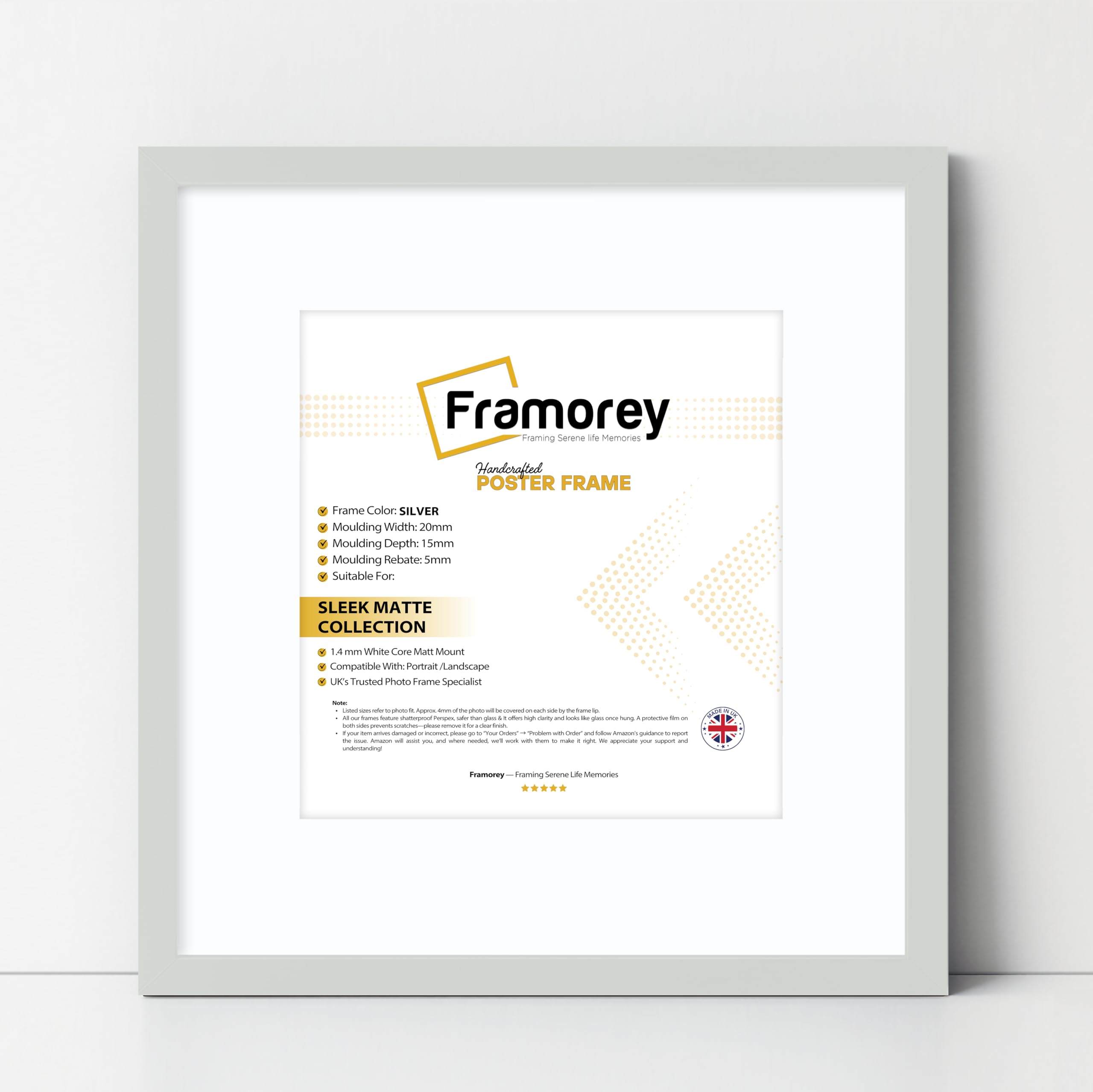 FRAMOREY Square Size Thin Matt Photo, Handmade Flat Thin Picture Frame, 11x11" Size Silver Picture Frame With 9x9" Size White Mount, Photo Print Frames
