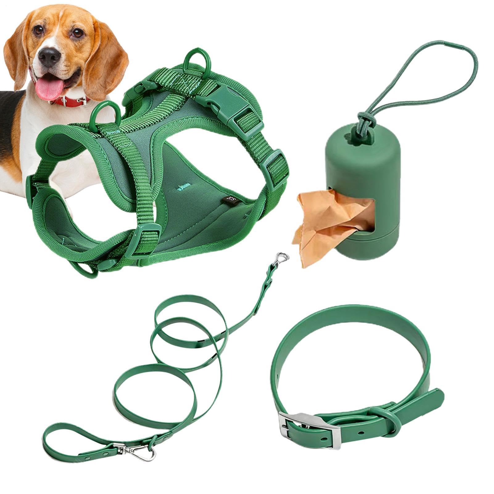 Juego de correas para perros, juego de arnés para perros – Collar | ajustable para perros, arnés sin tirones con hebillas ajustables para cachorros con soporte para bolsas de excrementos