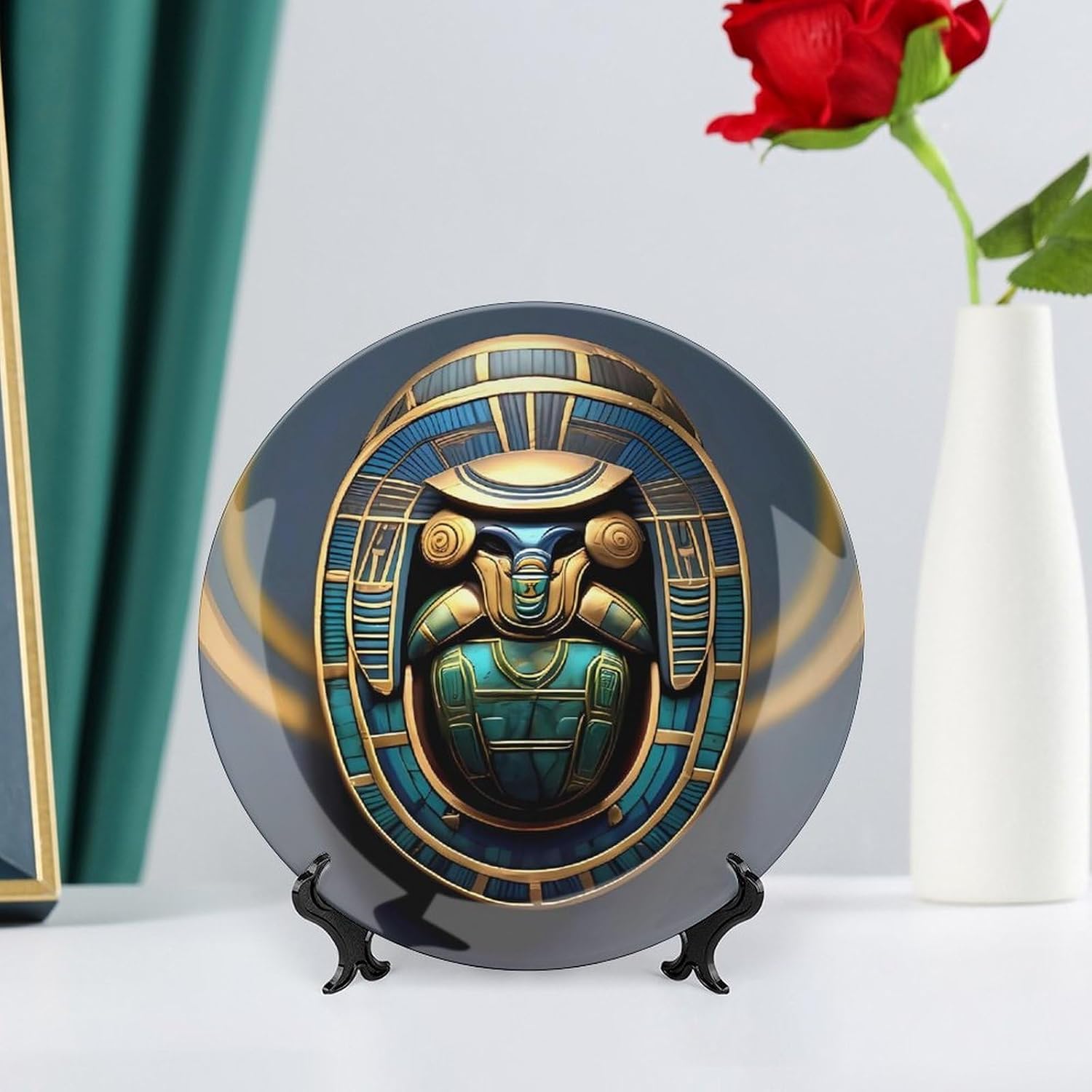Egyptian Scarab Ceramic Decorative Plate for Home, Bone China Plates | Chinese Style Decorative Dish with Stand, Dinner Plates Art Crafts for Wall Decor, Collections Plate with Hook 8inch