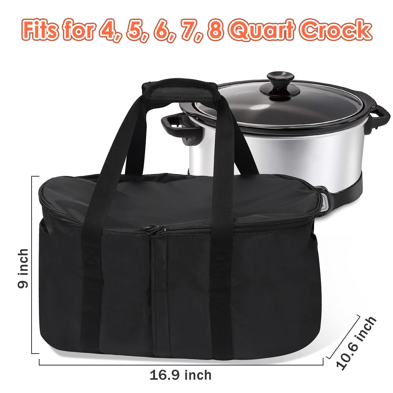 Portable Slow Cooker Travel Bag, Insulated Carrier Case for Most 4, 5, 6, 7, 8 Quart Crock, Internal Mesh Net Holds Pot in Place, Slow Cooker Carrier