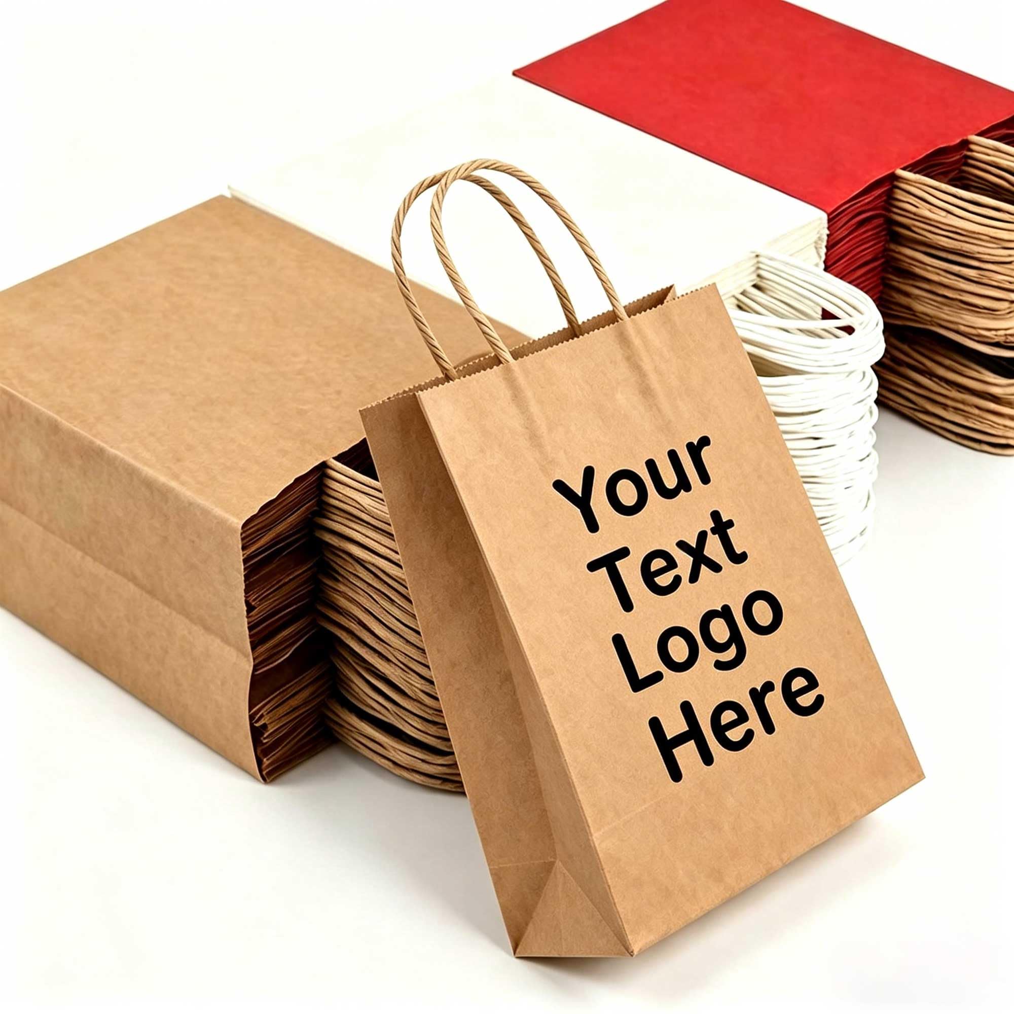 (100 Pcs) Personalised Kraft Paper Bags with Text Logo, Customised Paper Gift Bags for Shopping, Business, Retail, Birthday, Wedding, Party (21 x 11 x 27 cm)
