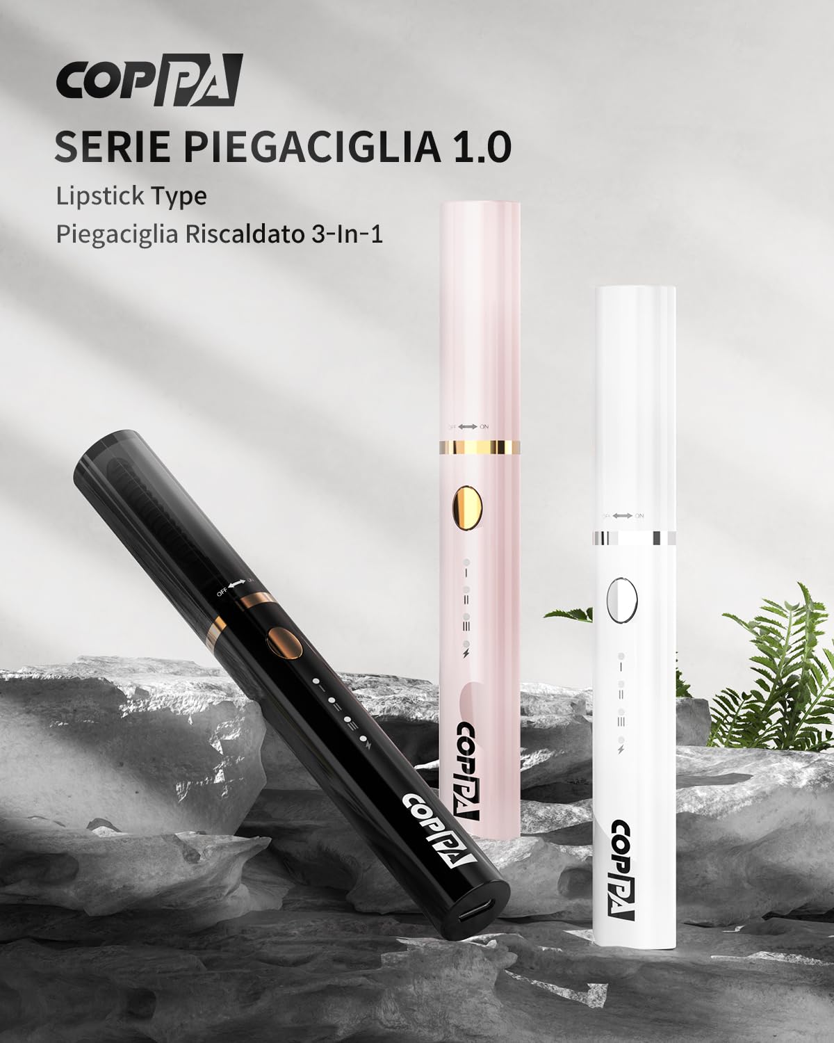 COPPA Piegaciglia Riscaldato, LP-1 Lipstick Type Piegaciglia Elettrico 3-in-1 con 3 Testine e 3 Modalità di Curling & 3 Temperature - Riscaldamento Rapido in 5s per Neofiti e Make-up Artist, Nero