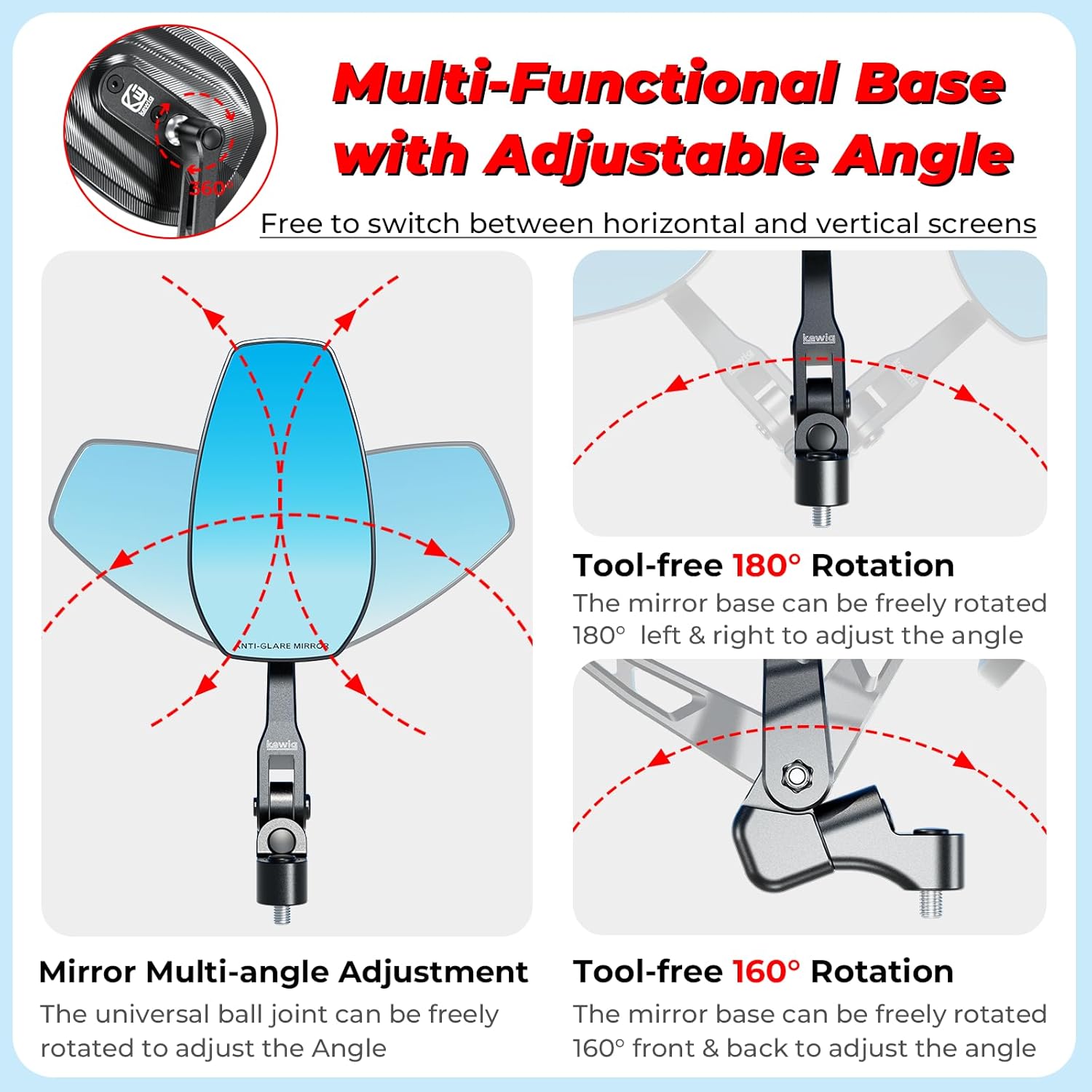 Aluminum Alloy Rainproof Foldable Motorcycle Mirrors with M10 Bolts, CNC Machined HD Anti-Glare Blue Lenses Rear View Mirrors, Multi-Angle Adjustable for Motorcycle Cruiser ATV Moped Scooter