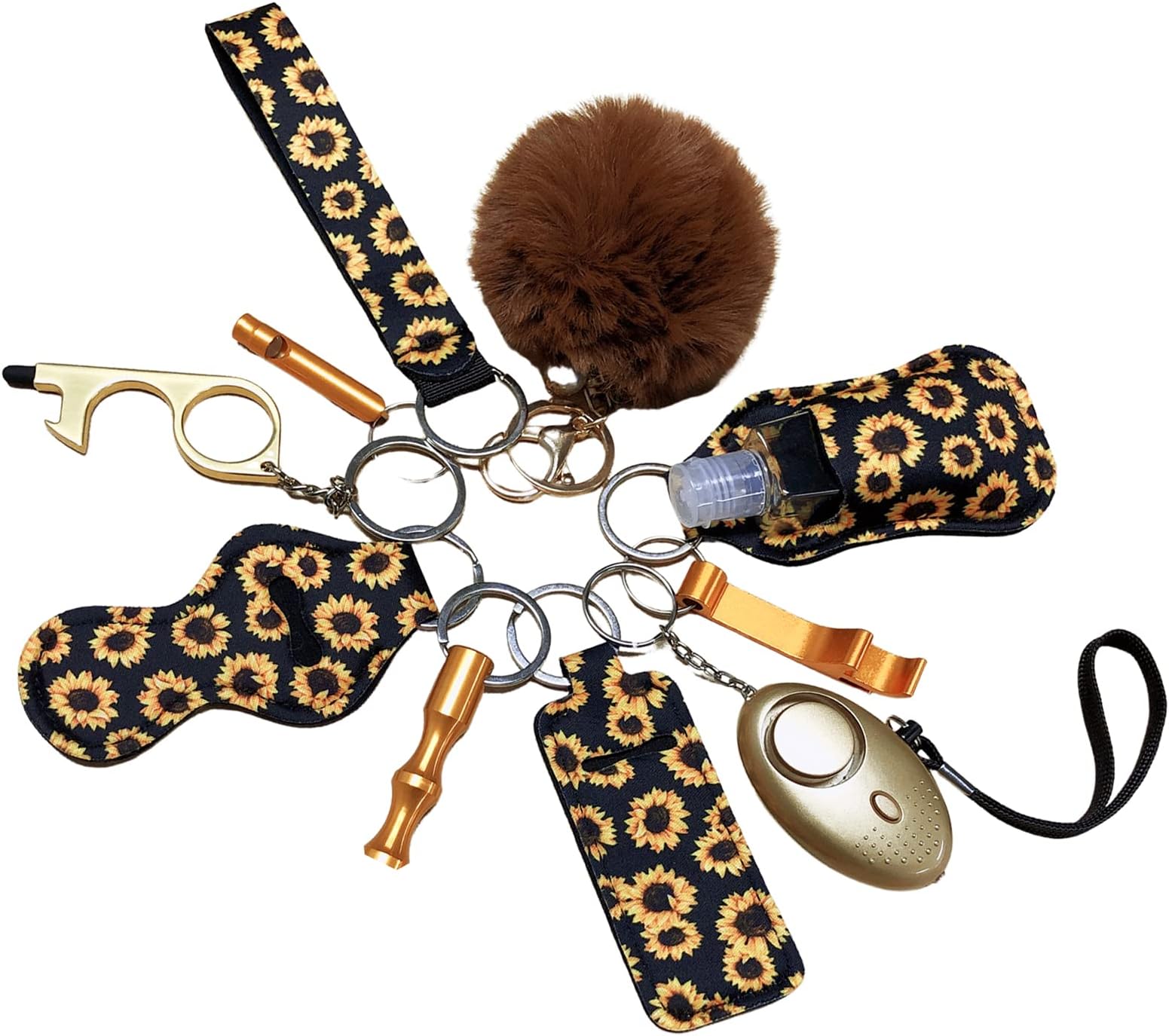 AsafeeKeychain Set for Women and Girls With Safety Alarm,11Pcs Portable Car Key Chains Accessories With Wristlet Cute Pom Pom(Black Sunflower), Black Sunflower, M