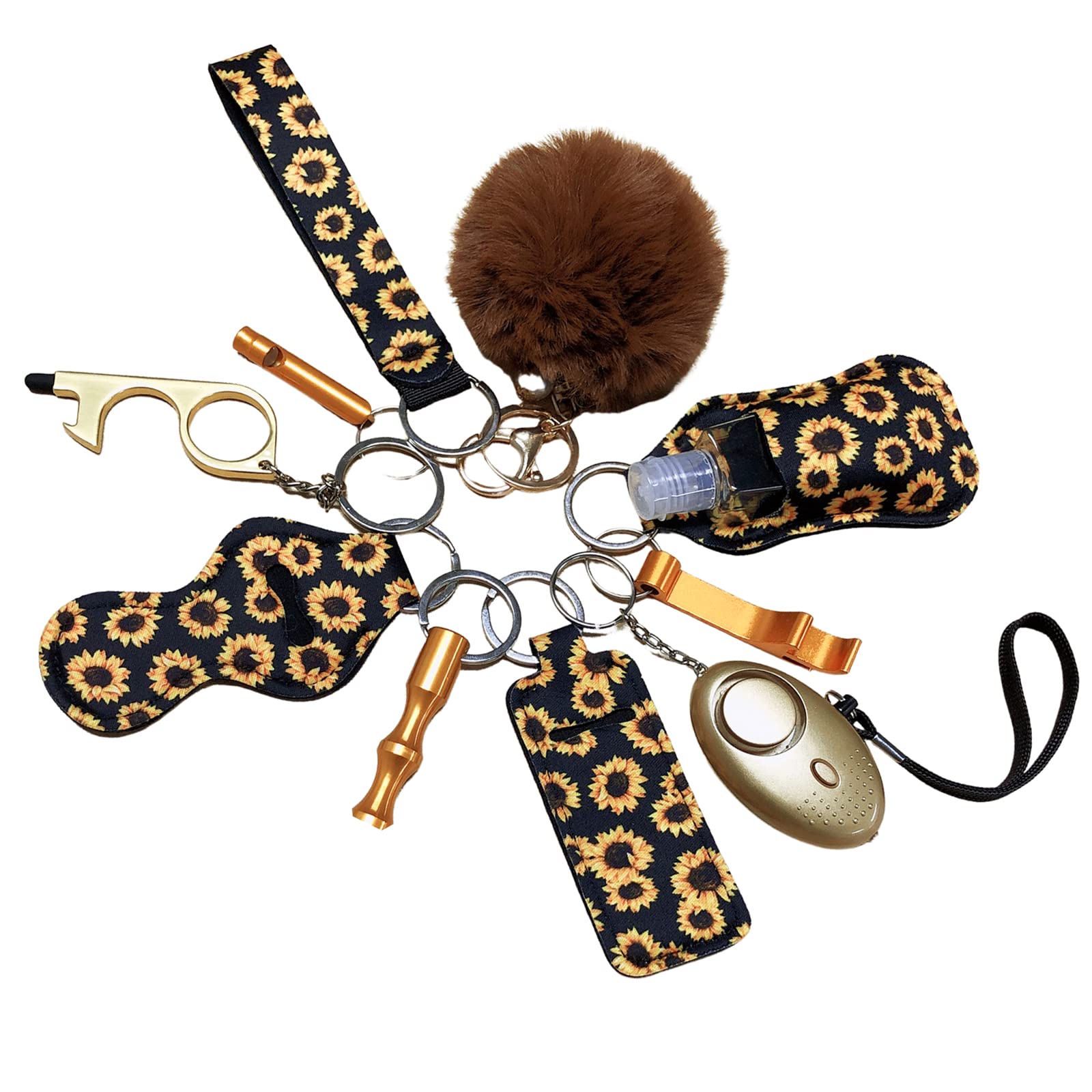 AsafeeKeychain Set for Women and Girls With Safety Alarm,11Pcs Portable Car Key Chains Accessories With Wristlet Cute Pom Pom(Black Sunflower), Black Sunflower, M