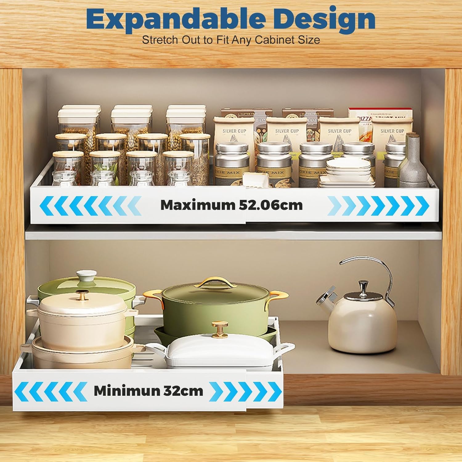 2 cassetti telescopici con sistema a binario, cassetto estraibile da cucina senza foratura, cassetto estraibile per mobili da cucina, organizer per cassetti (2 pezzi bianchi, 32x52cm)