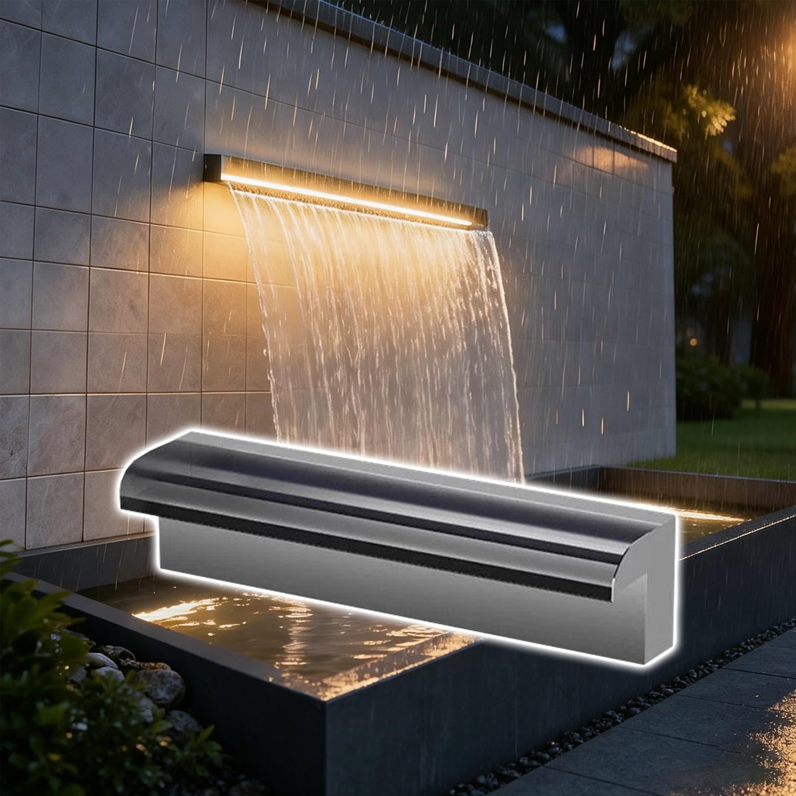 Wall Mounted Spillway Waterfalls Pool Fountain with Connector, Uniform Waterfall Flow Spillway Kit for Patio/Deck/Pond, Heavy Duty Stainless Steel Water Feature(Silver,60in/152.4cm)